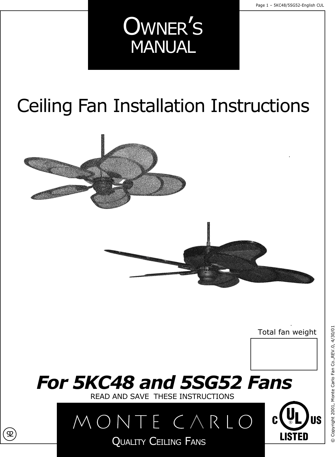 Monte Carlo Ceiling Fan Installation Manual Shelly Lighting