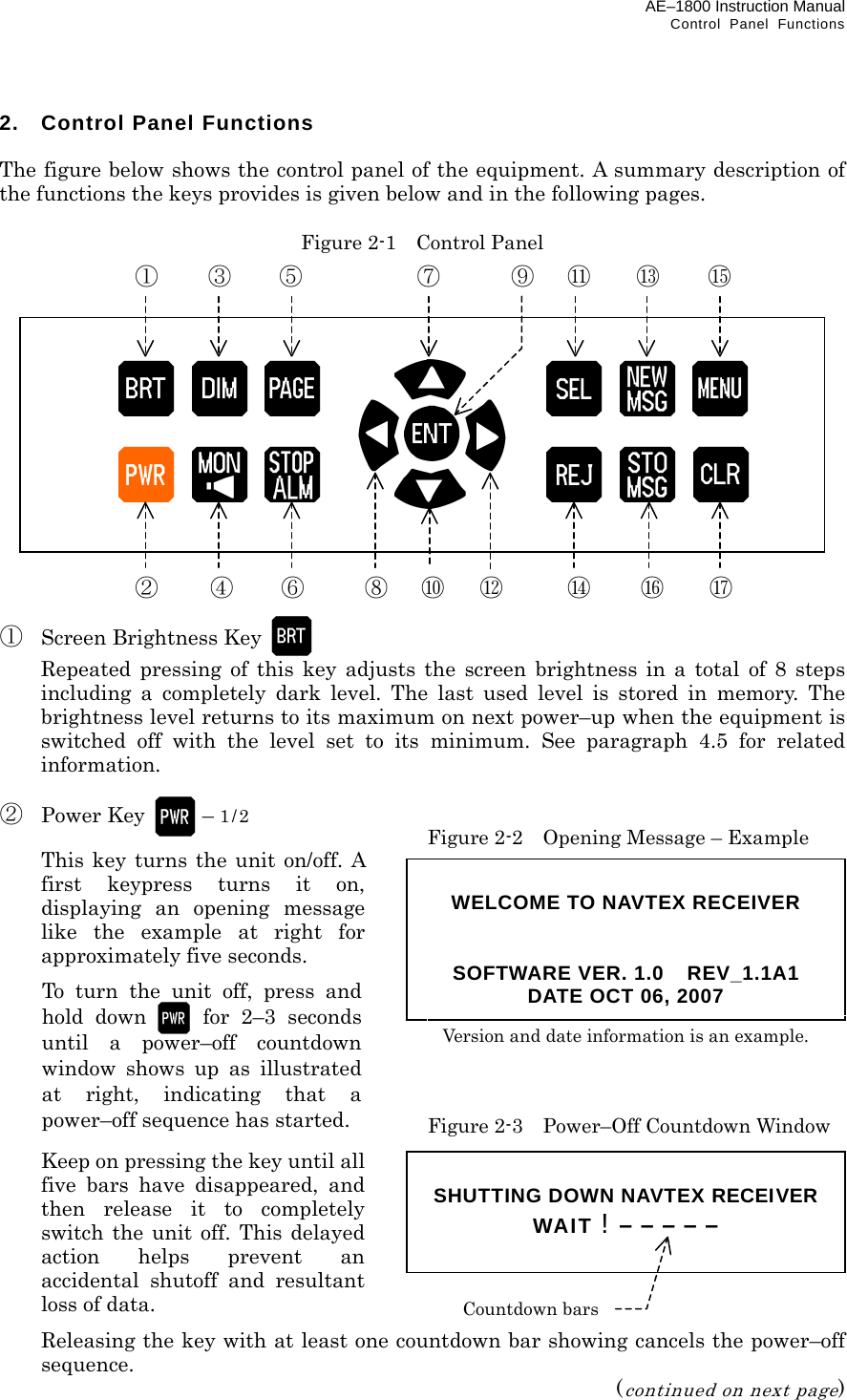 AE–1800 Instruction Manual   Control Panel Functions 2. Control Panel Functions  The figure below shows the control panel of the equipment. A summary description of the functions the keys provides is given below and in the following pages.  Figure 2-1  Control Panel                ①  Screen Brightness Key    Repeated pressing of this key adjusts the screen brightness in a total of 8 steps including a completely dark level. The last used level is stored in memory. The brightness level returns to its maximum on next power–up when the equipment is switched off with the level set to its minimum. See paragraph 4.5 for related information.  ② Power Key  – 1/2  Figure 2-2    Opening Message – Example This key turns the unit on/off. A first keypress turns it on, displaying an opening message like the example at right for approximately five seconds.        Figure 2-3  Power–Off Countdown Window   Keep on pressing the key until all five bars have disappeared, and then release it to completely switch the unit off. This delayed action helps prevent an accidental shutoff and resultant loss of data.   Releasing the key with at least one countdown bar showing cancels the power–off sequence. (continued on next page)                      ② ④ ⑥ ⑧ ⑩ ⑫ ⑭ ⑯ ⑰  ① ③ ⑤ ⑦ ⑨ ⑪ ⑬ ⑮ To turn the unit off, press andhold down  for 2–3 secondsuntil a power–off countdownwindow shows up as illustratedat right, indicating that apower–off sequence has started.  SHUTTING DOWN NAVTEX RECEIVERWAIT ! – – – – –  Countdown bars  WELCOME TO NAVTEX RECEIVER   SOFTWARE VER. 1.0    REV_1.1A1 DATE OCT 06, 2007 Version and date information is an example. 