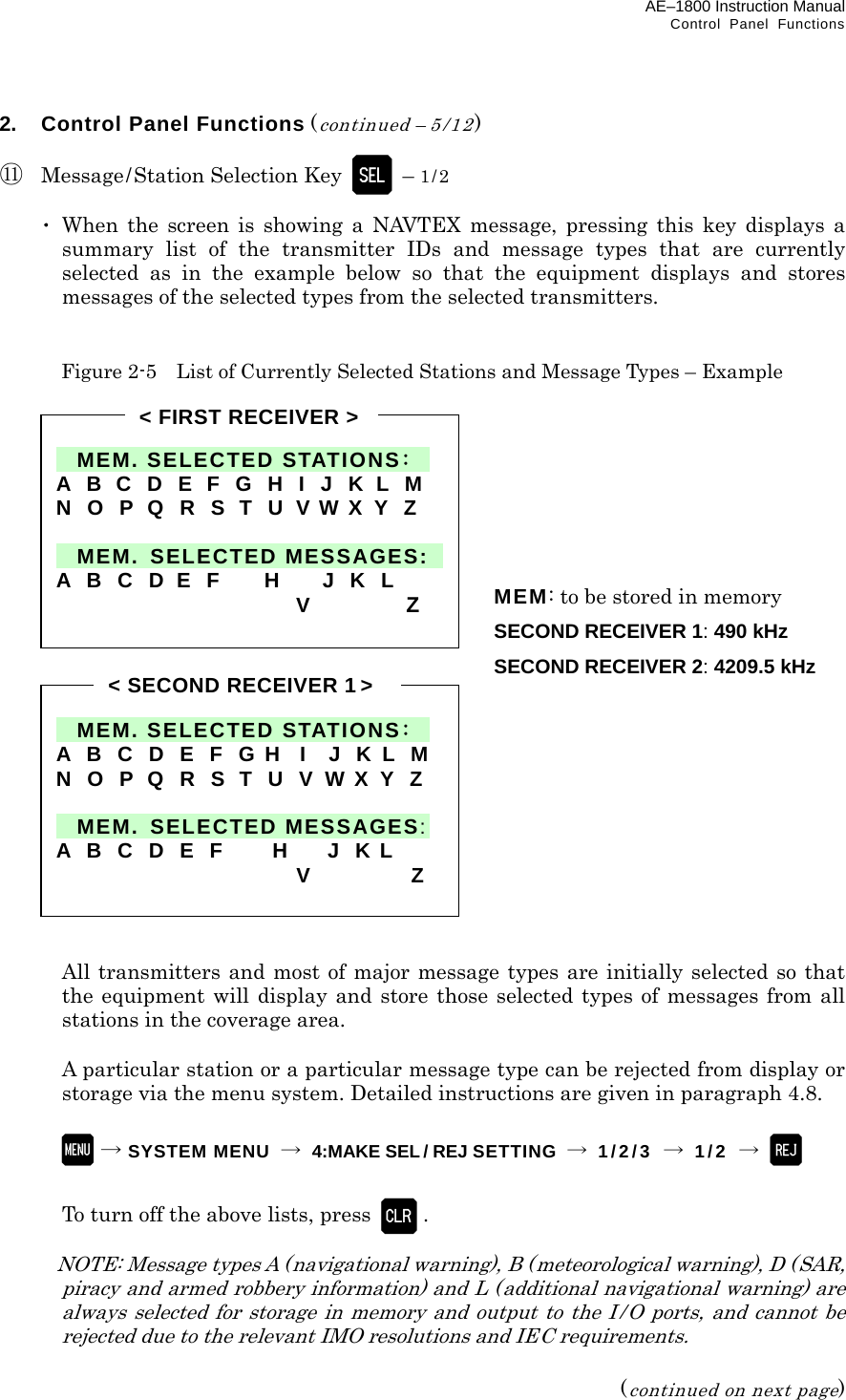 AE–1800 Instruction Manual   Control Panel Functions 2.  Control Panel Functions (continued – 5/12)  ⑪  Message/Station Selection Key   – 1/2   ･ When the screen is showing a NAVTEX message, pressing this key displays a summary list of the transmitter IDs and message types that are currently selected as in the example below so that the equipment displays and stores messages of the selected types from the selected transmitters.   Figure 2-5    List of Currently Selected Stations and Message Types – Example                          All transmitters and most of major message types are initially selected so that the equipment will display and store those selected types of messages from all stations in the coverage area.    A particular station or a particular message type can be rejected from display or storage via the menu system. Detailed instructions are given in paragraph 4.8.   →SYSTEM MENU → 4:MAKE SEL / REJ SETTING → 1/2/3 → 1/2 →     To turn off the above lists, press   .    NOTE: Message types A (navigational warning), B (meteorological warning), D (SAR, piracy and armed robbery information) and L ( additional navigational warning) are always selected for storage in memory and output to the I / O ports, and cannot be rejected due to the relevant IMO resolutions and IEC requirements.  (continued on next page)    MEM. SELECTED STATIONS:   A  B  C  D  E  F  G  H  I  J  K  L  M N  O  P  Q  R  S  T  U  V  W  X  Y  Z   MEM. SELECTED MESSAGES: A  B  C  D  E  F     H      J  K  L  V                  Z &lt; FIRST RECEIVER &gt;   MEM. SELECTED STATIONS:  A  B  C  D  E  F  G H   I  J  K  L  MN  O  P  Q  R  S  T  U  V  W  X  Y  Z   MEM. SELECTED MESSAGES:A  B  C  D  E  F      H     J  K L  V   Z &lt; SECOND RECEIVER 1 &gt;MEM: to be stored in memory SECOND RECEIVER 1: 490 kHz SECOND RECEIVER 2: 4209.5 kHz