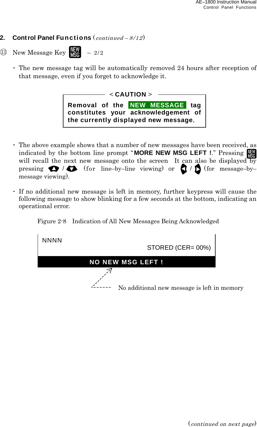 AE–1800 Instruction Manual   Control Panel Functions 2.  Control Panel Functions (continued – 8/12)  ⑬  New Message Key   – 2/2   ･  The new message tag will be automatically removed 24 hours after reception of that message, even if you forget to acknowledge it.          ･  The above example shows that a number of new messages have been received, as indicated by the bottom line prompt “MORE NEW MSG LEFT !.” Pressing  will recall the next new message onto the screen  It can also be displayed by pressing  / (for line–by–line viewing) or /(for message–by– message viewing).   ･ If no additional new message is left in memory, further keypress will cause the following message to show blinking for a few seconds at the bottom, indicating an operational error.  Figure 2-8    Indication of All New Messages Being Acknowledged                           (continued on next page)  Removal of the iNEW MESSAGEi tagconstitutes your acknowledgement ofthe currently displayed new message. &lt; CAUTION &gt; NO NEW MSG LEFT !NNNN  STORED (CER= 00%)No additional new message is left in memory 