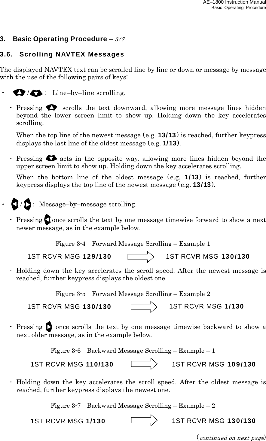 AE–1800 Instruction Manual Basic Operating Procedure 3.  Basic Operating Procedure – 3/7  3.6.  Scrolling NAVTEX Messages  The displayed NAVTEX text can be scrolled line by line or down or message by message with the use of the following pairs of keys:  ・ /:  Line–by–line scrolling.  -  Pressing   scrolls the text downward, allowing more message lines hidden beyond the lower screen limit to show up. Holding down the key accelerates scrolling.   When the top line of the newest message ( e.g. 13/13) is reached, further keypress displays the last line of the oldest message (e.g. 1/13).   -  Pressing acts in the opposite way, allowing more lines hidden beyond the upper screen limit to show up. Holding down the key accelerates scrolling.   When the bottom line of the oldest message (e.g. 1/13) is reached, further keypress displays the top line of the newest message ( e.g. 13/13).  ・ /:  Message–by–message scrolling.  -  Pressingonce scrolls the text by one message timewise forward to show a next newer message, as in the example below.  Figure 3-4    Forward Message Scrolling – Example 1     -  Holding down the key accelerates the scroll speed. After the newest message is reached, further keypress displays the oldest one.  Figure 3-5    Forward Message Scrolling – Example 2     - Pressing once scrolls the text by one message timewise backward to show a next older message, as in the example below.  Figure 3-6    Backward Message Scrolling – Example – 1     -  Holding down the key accelerates the scroll speed. After the oldest message is reached, further keypress displays the newest one.  Figure 3-7    Backward Message Scrolling – Example – 2    (continued on next page) 1ST RCVR MSG 129/130 1ST RCVR MSG 130/130 1ST RCVR MSG 130/130 1ST RCVR MSG 1/130 1ST RCVR MSG 110/130 1ST RCVR MSG 109/1301ST RCVR MSG 1/130 1ST RCVR MSG 130/130