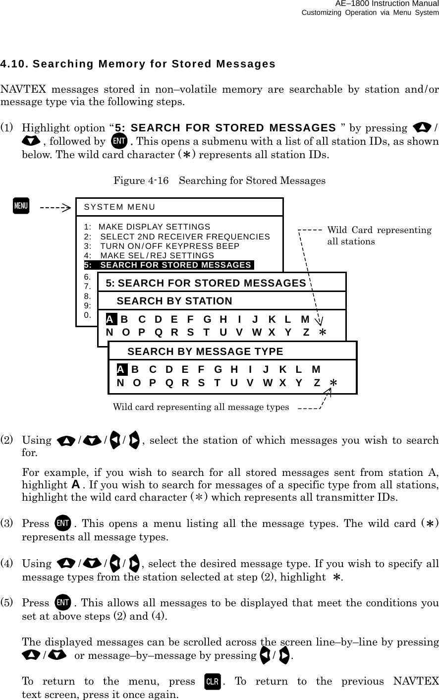 AE–1800 Instruction Manual Customizing Operation via Menu System 4.10. Searching Memory for Stored Messages  NAVTEX messages stored in non–volatile memory are searchable by station and/or message type via the following steps.  (1)  Highlight option “5: SEARCH FOR STORED MESSAGES ” by pressing  /, followed by  . This opens a submenu with a list of all station IDs, as shown below. The wild card character (＊) represents all station IDs.  Figure 4-16    Searching for Stored Messages                    (2) Using ///, select the station of which messages you wish to search for.   For example, if you wish to search for all stored messages sent from station A, highlight A . If you wish to search for messages of a specific type from all stations, highlight the wild card character (＊) which represents all transmitter IDs.  (3) Press . This opens a menu listing all the message types. The wild card (＊) represents all message types.  (4) Using ///, select the desired message type. If you wish to specify all message types from the station selected at step (2), highlight  ＊.  (5) Press . This allows all messages to be displayed that meet the conditions you set at above steps (2) and (4).    The displayed messages can be scrolled across the screen line–by–line by pressing /  or message–by–message by pressing/.    To return to the menu, press .  To  return  to  the  previous  NAVTEX                 text screen, press it once again.    Wild Card representingall stations SYSTEM MENU  1: MAKE DISPLAY SETTINGS 2:   SELECT 2ND RECEIVER FREQUENCIES3:   TURN ON/OFF KEYPRESS BEEP 4:   MAKE SEL /REJ SETTINGS 5:  SEARCH FOR STORED MESSAGESI 6.    SELECT OUTPUT MESSAGES 7.  SET OUTPUT PORTS 8.  START SELF–DIAGNOSTIC TESTS 9:  TURN ON/OFF MESSAGE ALARM 0.    RESET TO FACTORY DEFAULTS 5: SEARCH FOR STORED MESSAGES  SEARCH BY STATION Ai B  C  D  E  F  G  H  I  J  K  L  M N O P Q R S T U V W X Y  Z ＊   SEARCH BY MESSAGE TYPE Ai B  C  D  E  F  G  H  I  J  K  L  M N O P Q R S T U V W X Y  Z ＊ Wild card representing all message types 