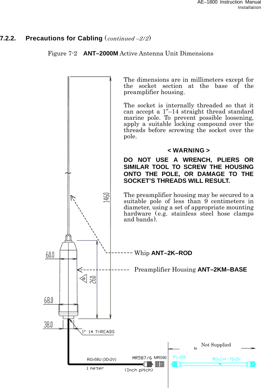 AE–1800 Instruction Manual Installation 7.2.2.  Precautions for Cabling (continued –2/2)  Figure 7-2    ANT–2000M Active Antenna Unit Dimensions                                                  Not Supplied The dimensions are in millimeters except forthe socket section at the base of thepreamplifier housing.  The socket is internally threaded so that itcan accept a 1”–14 straight thread standardmarine pole. To prevent possible loosening,apply a suitable locking compound over thethreads before screwing the socket over thepole.  &lt; WARNING &gt; DO NOT USE A WRENCH, PLIERS ORSIMILAR TOOL TO SCREW THE HOUSINGONTO THE POLE, OR DAMAGE TO THESOCKET’S THREADS WILL RESULT.  The preamplifier housing may be secured to asuitable pole of less than 9 centimeters indiameter, using a set of appropriate mountinghardware ( e.g. stainless steel hose clampsand bands). Whip ANT–2K–ROD  Preamplifier Housing ANT–2KM–BASE 