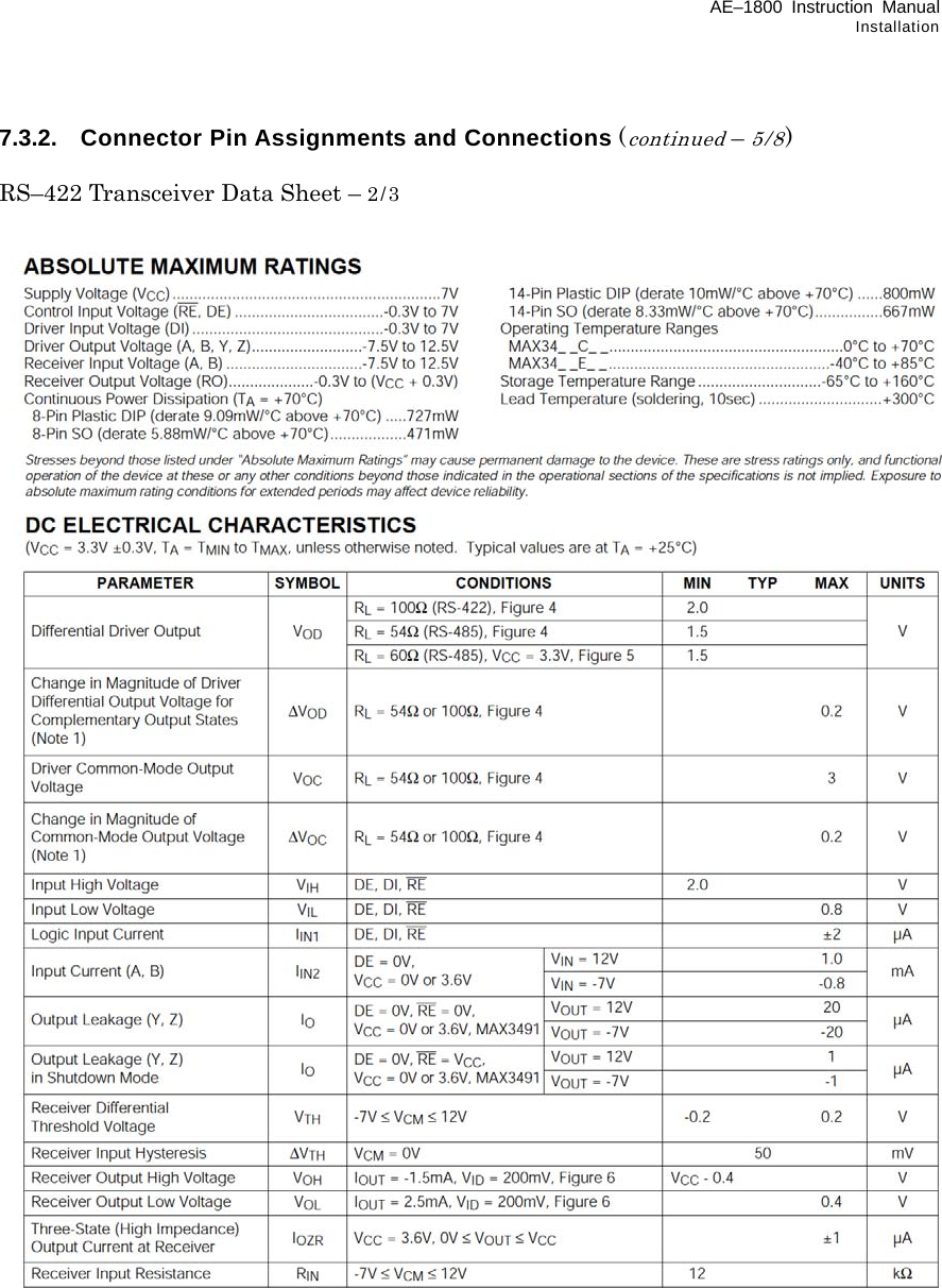 AE–1800 Instruction Manual Installation 7.3.2.  Connector Pin Assignments and Connections (continued – 5/8)  RS–422 Transceiver Data Sheet – 2/3                                                  