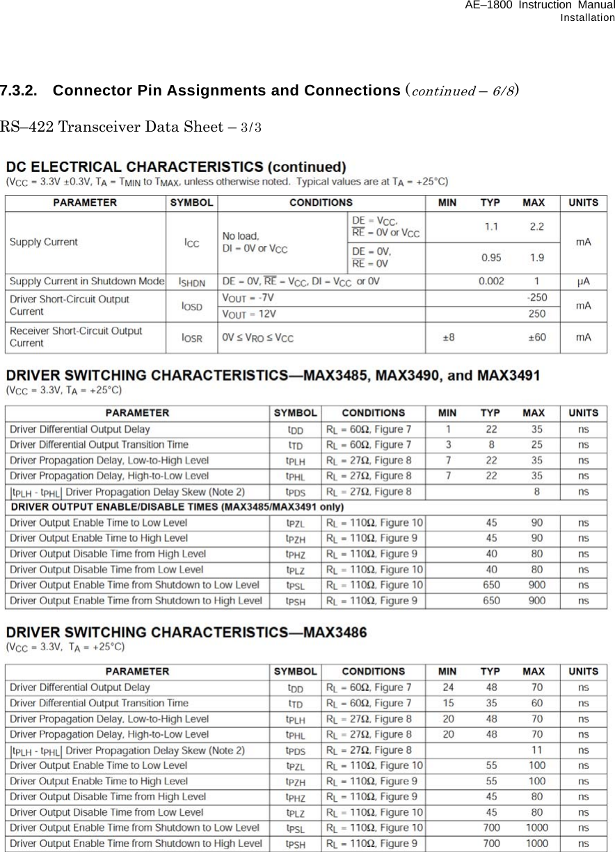 AE–1800 Instruction Manual Installation 7.3.2.  Connector Pin Assignments and Connections (continued – 6/8)  RS–422 Transceiver Data Sheet – 3/3                                                  