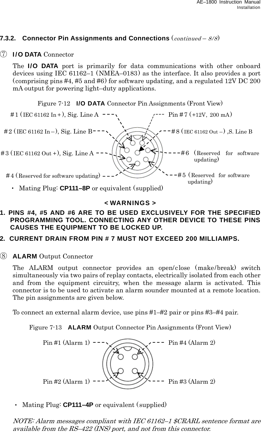 AE–1800 Instruction Manual Installation 7.3.2.  Connector Pin Assignments and Connections (continued – 8/8)  ⑦ I/O DATA Connector  The I/O DATA port is primarily for data communications with other onboard devices using IEC 61162–1 (NMEA–0183 ) as the interface. It also provides a port (comprising pins #4, #5 and #6) for software updating, and a regulated 12V DC 200 mA output for powering light–duty applications.  Figure 7-12    I/O DATA Connector Pin Assignments (Front View)            ・ Mating Plug: CP111–8P or equivalent (supplied)  &lt; WARNINGS &gt; 1. PINS #4, #5 AND #6 ARE TO BE USED EXCLUSIVELY FOR THE SPECIFIED PROGRAMMING TOOL. CONNECTING ANY OTHER DEVICE TO THESE PINS CAUSES THE EQUIPMENT TO BE LOCKED UP. 2.  CURRENT DRAIN FROM PIN # 7 MUST NOT EXCEED 200 MILLIAMPS.  ⑧ ALARM Output Connector   The ALARM output connector provides an open/close (make/break) switch simultaneously via two pairs of replay contacts, electrically isolated from each other and from the equipment circuitry, when the message alarm is activated. This connector is to be used to activate an alarm sounder mounted at a remote location. The pin assignments are given below.    To connect an external alarm device, use pins #1–#2 pair or pins #3–#4 pair.  Figure 7-13    ALARM Output Connector Pin Assignments (Front View)           ・ Mating Plug: CP111–4P or equivalent (supplied)    NOTE: Alarm messages compliant with IEC 61162–1 $CRARL sentence format are available from the RS–422 (INS) port, and not from this connector. Pin #1 (Alarm 1) Pin #2 (Alarm 1) Pin #3 (Alarm 2) Pin #4 (Alarm 2) #1 ( IEC 61162 In + ), Sig. Line A #2 ( IEC 61162 In – ), Sig. Line B #3 ( IEC 61162 Out + ), Sig. Line A #4 ( Reserved for software updating)#5 ( Reserved  for softwareupdating) #6 ( Reserved for softwareupdating) Pin # 7 ( +12V,  200 mA ) #8 ( IEC 61162 Out – ) ,S. Line B 