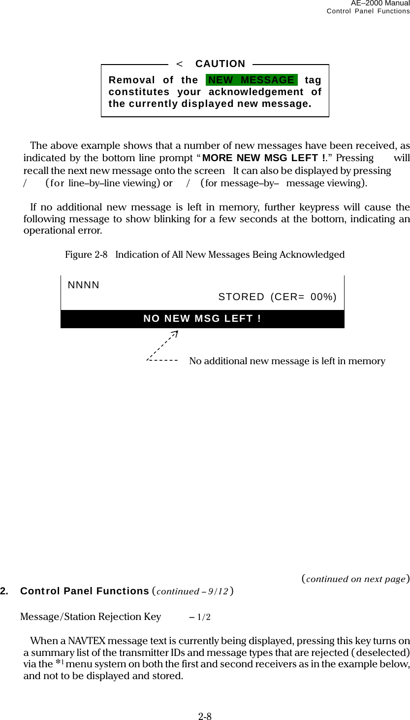 AE–2000 Manual Control Panel Functions  2-8          The above example shows that a number of new messages have been received, as indicated by the bottom line prompt “ MORE NEW MSG LEFT !.” Pressing  will recall the next new message onto the screen    It can also be displayed by pressing  / (for line–by–line viewing) or /(for message–by– message viewing).    If no additional new message is left in memory, further keypress will cause the following message to show blinking for a few seconds at the bottom, indicating an operational error.  Figure 2-8    Indication of All New Messages Being Acknowledged                           (continued on next page) 2.  Control Panel Functions (continued – 9/12 )    Message/Station Rejection Key   – 1/2    When a NAVTEX message text is currently being displayed, pressing this key turns on a summary list of the transmitter IDs and message types that are rejected (deselected) via the *1menu system on both the first and second receivers as in the example below, and not to be displayed and stored. Removal of the iNEW MESSAGEi tag constitutes your acknowledgement of the currently displayed new message. &lt;  CAUTION NO NEW MSG LEFT !NNNN   STORED (CER= 00%) No additional new message is left in memory 