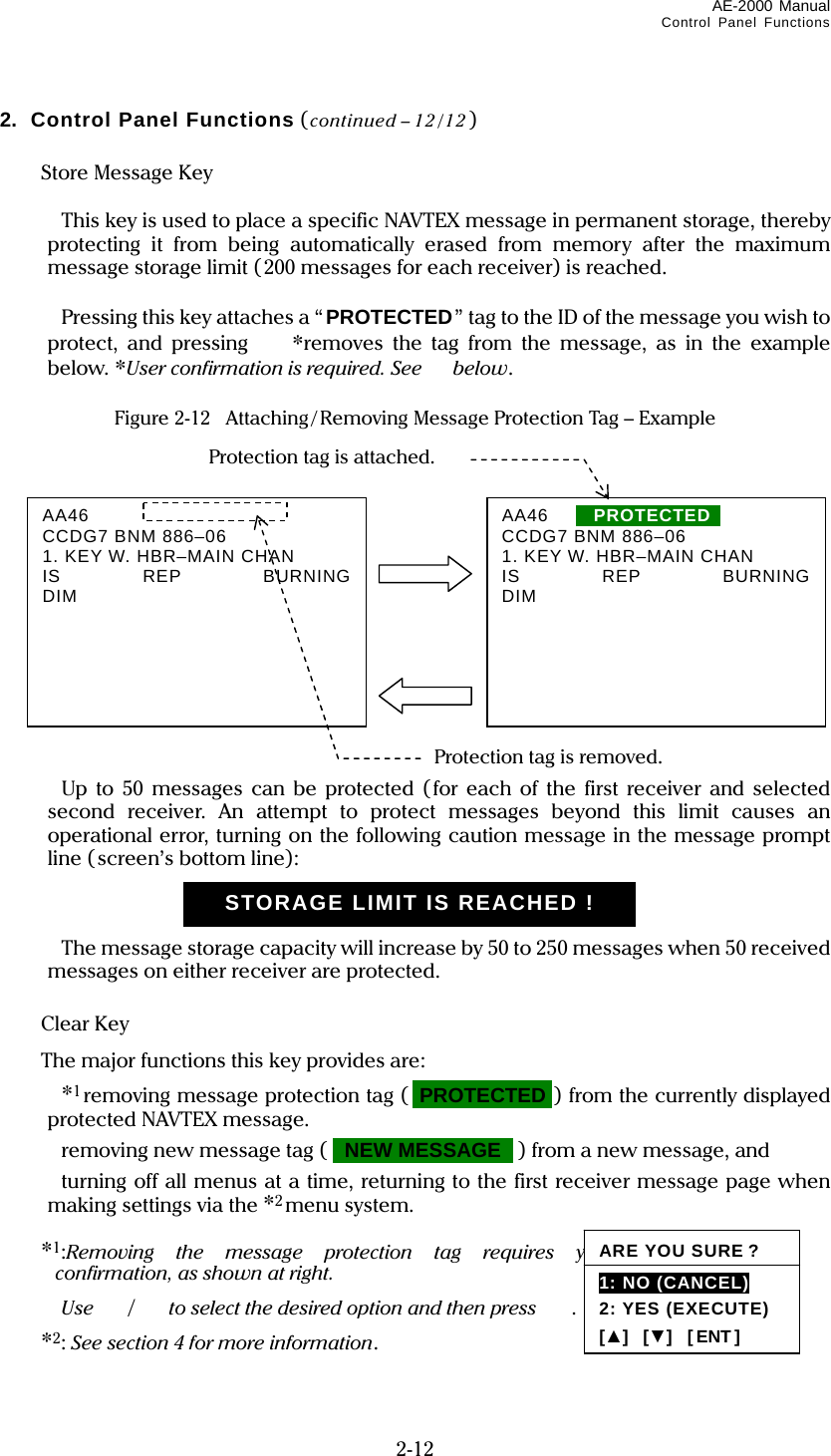 AE-2000 Manual Control Panel Functions  2-12 2.  Control Panel Functions (continued – 12 /12 )   Store Message Key     This key is used to place a specific NAVTEX message in permanent storage, thereby protecting it from being automatically erased from memory after the maximum message storage limit (200 messages for each receiver) is reached.    Pressing this key attaches a “ PROTECTED” tag to the ID of the message you wish to protect, and pressing  *removes the tag from the message, as in the example below. *User confirmation is required. See  below.  Figure 2-12   Attaching /Removing Message Protection Tag – Example                 Up to 50 messages can be protected (for each of the first receiver and selected second receiver. An attempt to protect messages beyond this limit causes an operational error, turning on the following caution message in the message prompt line ( screen’s bottom line):     The message storage capacity will increase by 50 to 250 messages when 50 received messages on either receiver are protected.   Clear Key    The major functions this key provides are:   *1removing message protection tag (  PROTECTEDI ) from the currently displayed protected NAVTEX message.   removing new message tag ( IINEW MESSAGEII ) from a new message, and   turning off all menus at a time, returning to the first receiver message page when making settings via the *2menu system.   *1:Removing the message protection tag requires your confirmation, as shown at right.   Use / to select the desired option and then press .  *2: See section 4 for more information. AA46     PROTECTED  CCDG7 BNM 886–06 1. KEY W. HBR–MAIN CHAN   IS REP BURNING DIM      Protection tag is attached. AA46 CCDG7 BNM 886–06 1. KEY W. HBR–MAIN CHAN   IS REP BURNING DIM    Protection tag is removed. ARE YOU SURE ? 1: NO (CANCEL) 2: YES (EXECUTE) [▲]  [▼]  [ENT] STORAGE LIMIT IS REACHED ! 