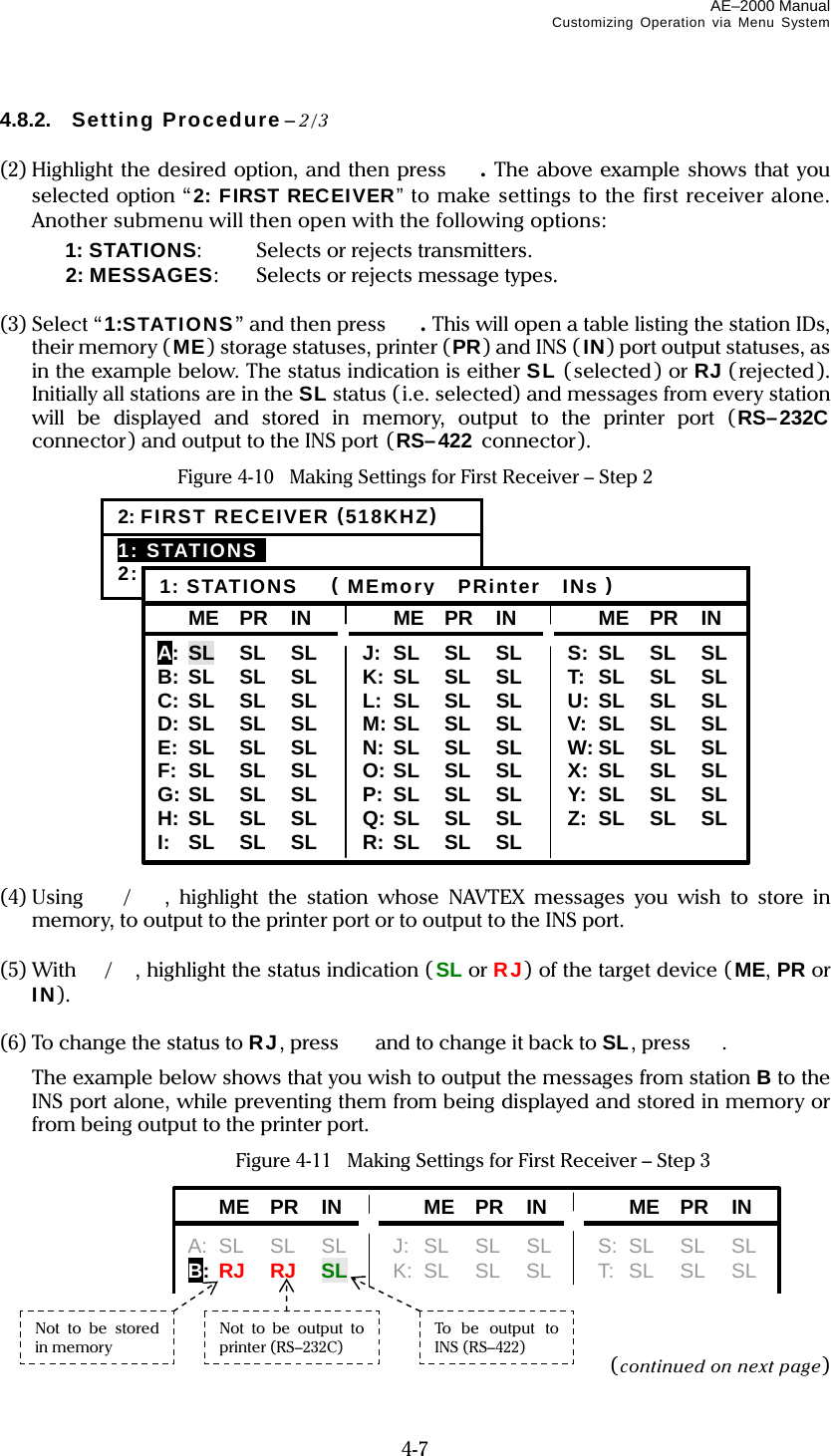 AE–2000 Manual Customizing Operation via Menu System  4-7 4.8.2. Setting Procedure – 2/3  (2) Highlight the desired option, and then press . The above example shows that you selected option “2: FIRST RECEIVER” to make settings to the first receiver alone. Another submenu will then open with the following options:   1: STATIONS:  Selects or rejects transmitters.   2: MESSAGES:  Selects or rejects message types.  (3) Select “1:STATIONS” and then press . This will open a table listing the station IDs, their memory (ME) storage statuses, printer (PR) and INS ( IN) port output statuses, as in the example below. The status indication is either SL (selected) or RJ (rejected). Initially all stations are in the SL status (i.e. selected) and messages from every station will be displayed and stored in memory, output to the printer port (RS–232C connector) and output to the INS port (RS–422 connector). Figure 4-10   Making Settings for First Receiver – Step 2                 (4) Using /, highlight the station whose NAVTEX messages you wish to store in memory, to output to the printer port or to output to the INS port.  (5) With /, highlight the status indication ( SL or RJ) of the target device (ME, PR or IN).  (6) To change the status to RJ, press   and to change it back to SL, press .   The example below shows that you wish to output the messages from station B to the INS port alone, while preventing them from being displayed and stored in memory or from being output to the printer port.   Figure 4-11   Making Settings for First Receiver – Step 3        (continued on next page) 2: FIRST RECEIVER (518KHZ)1: STATIONSI 2: MESSAGES  ME PR IN A: SL  SL  SL B: SL  SL  SL C: SL  SL  SL D: SL  SL  SL E: SL  SL  SL F: SL  SL  SL G: SL  SL  SL H: SL  SL  SL I: SL  SL  SL  ME PR IN J: SL  SL  SL K: SL  SL  SL L: SL  SL  SL M: SL  SL  SL N: SL  SL  SL O: SL  SL  SL P: SL  SL  SL Q: SL  SL  SL R: SL  SL  SL  ME PR IN S: SL  SL  SL T: SL  SL  SL U: SL  SL  SL V: SL  SL  SL W: SL  SL  SL X: SL  SL  SL Y: SL  SL  SL Z: SL  SL  SL 1: STATIONS    (MEmory  PRinter  INs) ME PR IN ME PR IN ME PR IN A: SL  SL  SL J: SL SL SL  S: SL SL SL B:  RJ RJ SL K: SL SL SL  T: SL SL SL Not to be stored in memory Not to be output to  printer (RS–232C) To be output to INS (RS–422) 