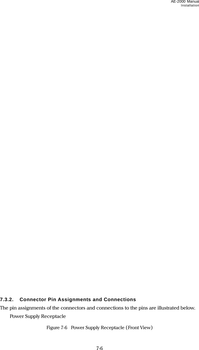 AE-2000 Manual Installation  7-6                                               7.3.2.  Connector Pin Assignments and Connections The pin assignments of the connectors and connections to the pins are illustrated below.  Power Supply Receptacle  Figure 7-6   Power Supply Receptacle (Front View) 