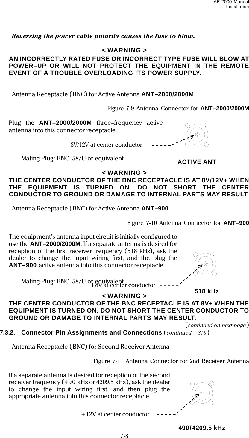 AE-2000 Manual Installation  7-8  Reversing the power cable polarity causes the fuse to blow.  &lt; WARNING &gt;   AN INCORRECTLY RATED FUSE OR INCORRECT TYPE FUSE WILL BLOW AT POWER–UP OR WILL NOT PROTECT THE EQUIPMENT IN THE REMOTE EVENT OF A TROUBLE OVERLOADING ITS POWER SUPPLY.     Antenna Receptacle (BNC) for Active Antenna ANT–2000/2000M    Figure 7-9 Antenna Connector for ANT–2000/2000M   Plug the ANT–2000/2000M three–frequency active antenna into this connector receptacle.       Mating Plug: BNC–58/U or equivalent  &lt; WARNING &gt;  THE CENTER CONDUCTOR OF THE BNC RECEPTACLE IS AT 8V/12V+ WHEN THE EQUIPMENT IS TURNED ON. DO NOT SHORT THE CENTER CONDUCTOR TO GROUND OR DAMAGE TO INTERNAL PARTS MAY RESULT.    Antenna Receptacle (BNC) for Active Antenna ANT–900    Figure 7-10 Antenna Connector for ANT–900    The equipment’s antenna input circuit is initially configured to use the ANT–2000/2000M. If a separate antenna is desired for reception of the first receiver frequency (518 kHz), ask the dealer to change the input wiring first, and the plug the ANT–900 active antenna into this connector receptacle.     Mating Plug: BNC–58/U or equivalent  &lt; WARNING &gt;   THE CENTER CONDUCTOR OF THE BNC RECEPTACLE IS AT 8V+ WHEN THE EQUIPMENT IS TURNED ON. DO NOT SHORT THE CENTER CONDUCTOR TO GROUND OR DAMAGE TO INTERNAL PARTS MAY RESULT. (continued on next page) 7.3.2.  Connector Pin Assignments and Connections (continued – 3/8)    Antenna Receptacle (BNC) for Second Receiver Antenna    Figure 7-11 Antenna Connector for 2nd Receiver Antenna    If a separate antenna is desired for reception of the second receiver frequency (490 kHz or 4209.5 kHz), ask the dealer to change the input wiring first, and then plug the appropriate antenna into this connector receptacle.   ACTIVE ANT +8V/12V at center conductor  518 kHz +8V at center conductor 490/4209.5 kHz +12V at center conductor 