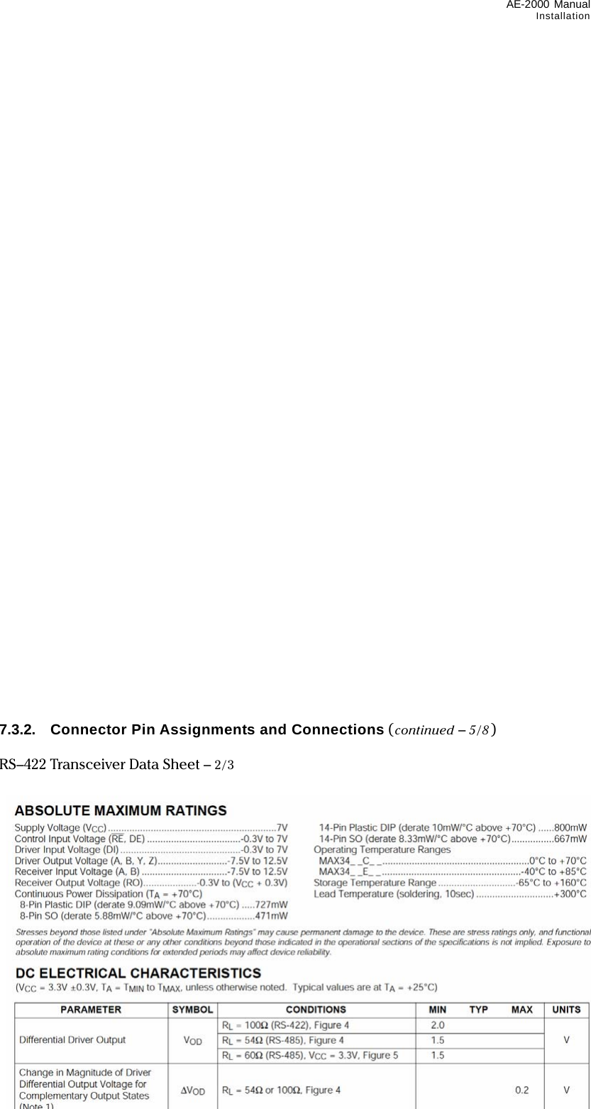 AE-2000 Manual Installation  7-10                                      7.3.2.  Connector Pin Assignments and Connections (continued – 5/8)  RS–422 Transceiver Data Sheet – 2/3             