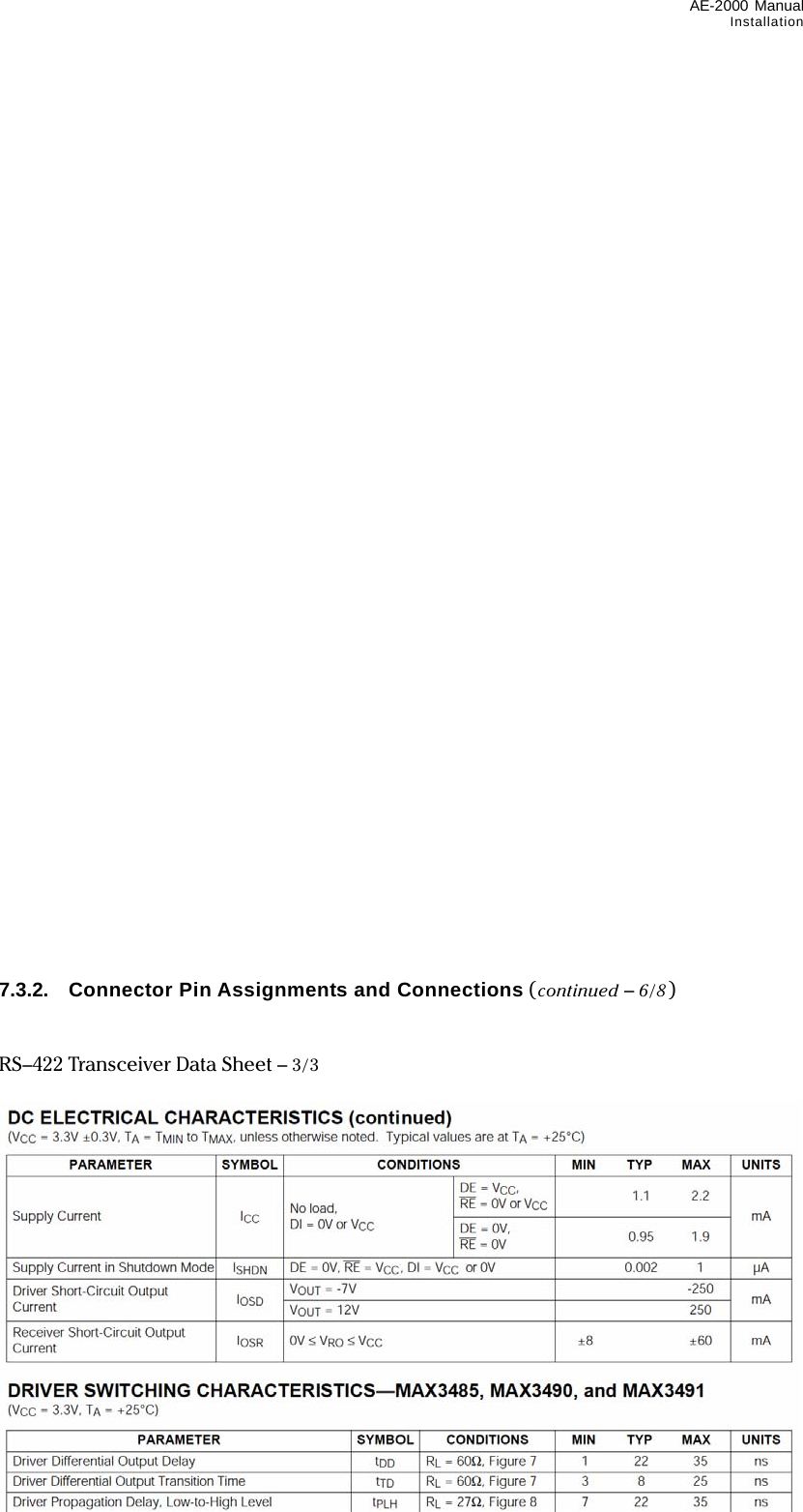 AE-2000 Manual Installation  7-11                                      7.3.2.  Connector Pin Assignments and Connections (continued – 6/8)   RS–422 Transceiver Data Sheet – 3/3            