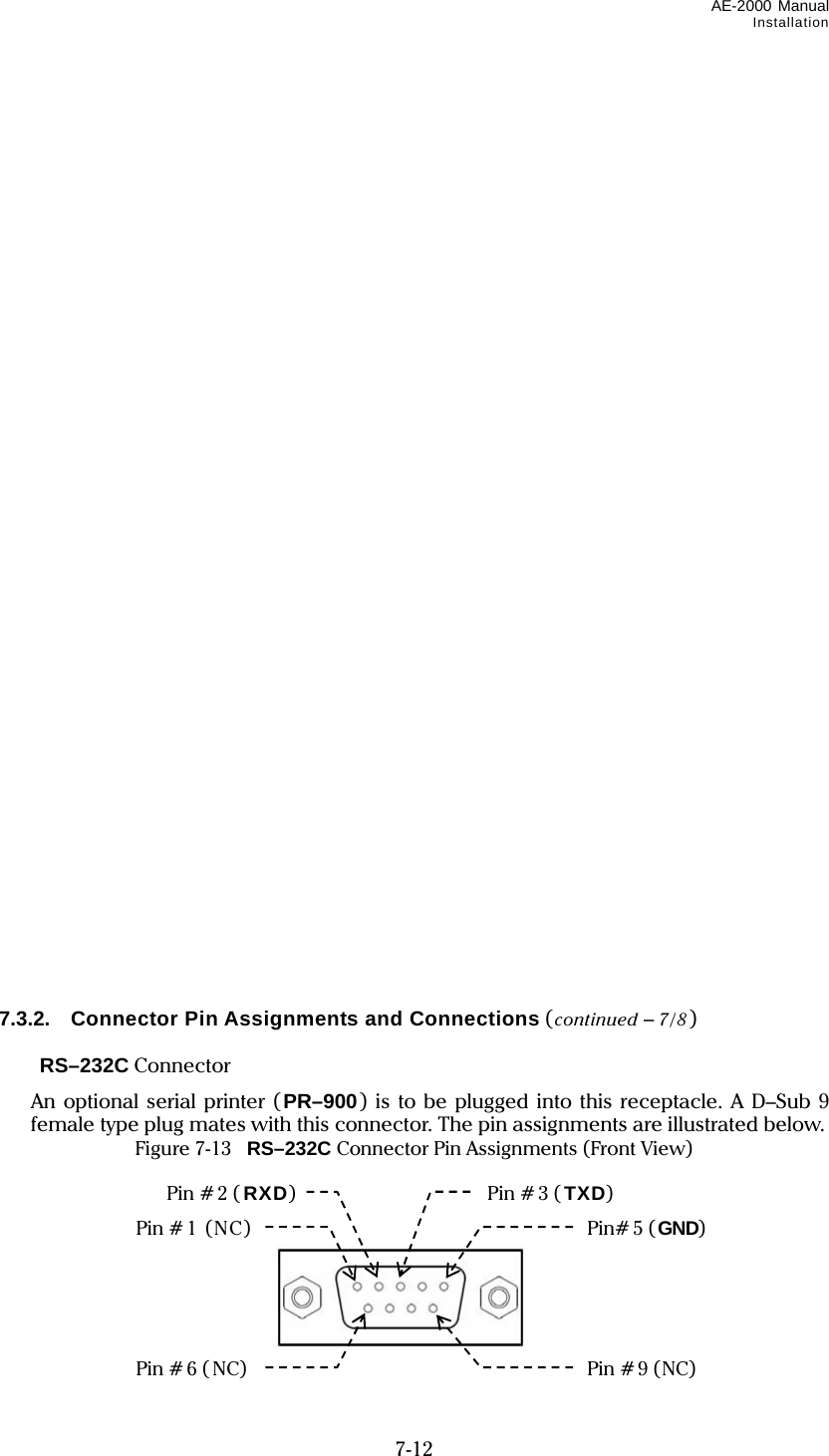 AE-2000 Manual Installation  7-12                                      7.3.2.  Connector Pin Assignments and Connections (continued – 7/8)   RS–232C Connector   An optional serial printer (PR–900) is to be plugged into this receptacle. A D–Sub 9 female type plug mates with this connector. The pin assignments are illustrated below. Figure 7-13   RS–232C Connector Pin Assignments (Front View)          Pin # 1  (NC) Pin # 2 ( RXD) Pin # 3 ( TXD) Pin# 5 ( GND) Pin # 6 ( NC) Pin # 9 (NC) 