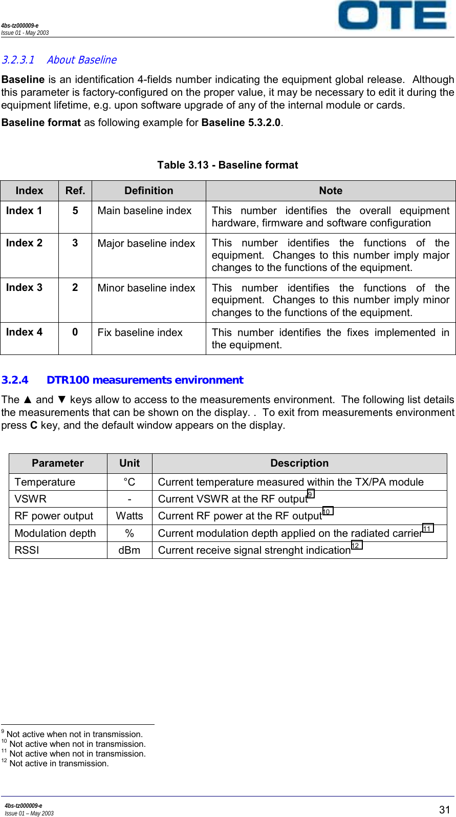 4bs-tz000009-eIssue 01 - May 20034bs-tz000009-eIssue 01 – May 2003 313.2.3.1 About BaselineBaseline is an identification 4-fields number indicating the equipment global release.  Althoughthis parameter is factory-configured on the proper value, it may be necessary to edit it during theequipment lifetime, e.g. upon software upgrade of any of the internal module or cards.Baseline format as following example for Baseline 5.3.2.0.Table 3.13 - Baseline formatIndex Ref. Definition NoteIndex 15Main baseline index This number identifies the overall equipmenthardware, firmware and software configurationIndex 2 3 Major baseline index This number identifies the functions of theequipment.  Changes to this number imply majorchanges to the functions of the equipment.Index 3 2 Minor baseline index This number identifies the functions of theequipment.  Changes to this number imply minorchanges to the functions of the equipment.Index 4 0 Fix baseline index This number identifies the fixes implemented inthe equipment.3.2.4 DTR100 measurements environmentThe ▲ and ▼ keys allow to access to the measurements environment.  The following list detailsthe measurements that can be shown on the display. .  To exit from measurements environmentpress C key, and the default window appears on the display.Parameter Unit DescriptionTemperature °C Current temperature measured within the TX/PA moduleVSWR - Current VSWR at the RF output9RF power output Watts Current RF power at the RF output10Modulation depth % Current modulation depth applied on the radiated carrier11RSSI dBm Current receive signal strenght indication12                                                     9 Not active when not in transmission.10 Not active when not in transmission.11 Not active when not in transmission.12 Not active in transmission.