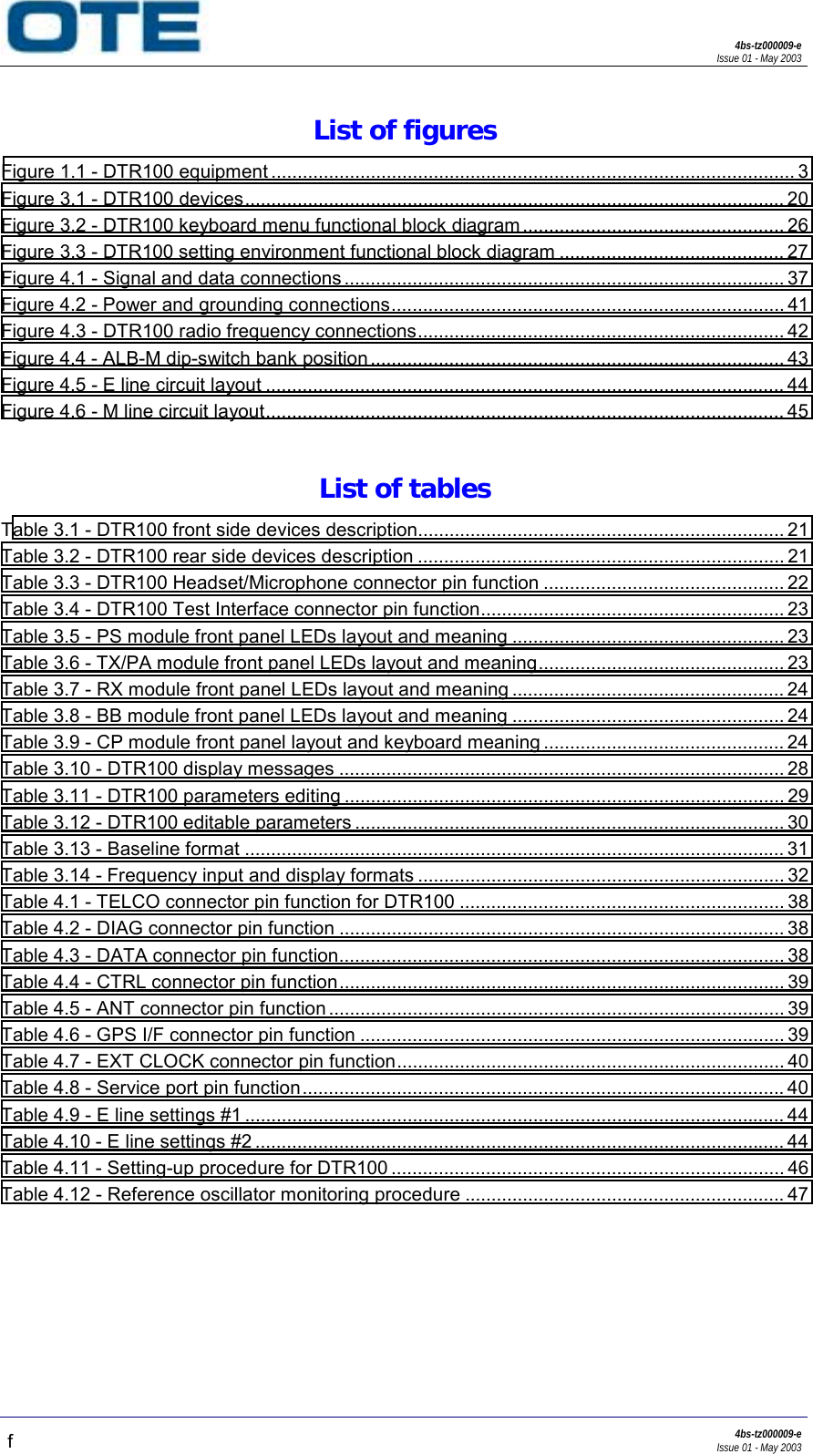 4bs-tz000009-eIssue 01 - May 2003f4bs-tz000009-eIssue 01 - May 2003List of figuresFigure 1.1 - DTR100 equipment .................................................................................................... 3Figure 3.1 - DTR100 devices....................................................................................................... 20Figure 3.2 - DTR100 keyboard menu functional block diagram .................................................. 26Figure 3.3 - DTR100 setting environment functional block diagram ........................................... 27Figure 4.1 - Signal and data connections .................................................................................... 37Figure 4.2 - Power and grounding connections........................................................................... 41Figure 4.3 - DTR100 radio frequency connections...................................................................... 42Figure 4.4 - ALB-M dip-switch bank position ............................................................................... 43Figure 4.5 - E line circuit layout ................................................................................................... 44Figure 4.6 - M line circuit layout................................................................................................... 45List of tablesTable 3.1 - DTR100 front side devices description...................................................................... 21Table 3.2 - DTR100 rear side devices description ...................................................................... 21Table 3.3 - DTR100 Headset/Microphone connector pin function .............................................. 22Table 3.4 - DTR100 Test Interface connector pin function.......................................................... 23Table 3.5 - PS module front panel LEDs layout and meaning .................................................... 23Table 3.6 - TX/PA module front panel LEDs layout and meaning............................................... 23Table 3.7 - RX module front panel LEDs layout and meaning .................................................... 24Table 3.8 - BB module front panel LEDs layout and meaning .................................................... 24Table 3.9 - CP module front panel layout and keyboard meaning .............................................. 24Table 3.10 - DTR100 display messages ..................................................................................... 28Table 3.11 - DTR100 parameters editing .................................................................................... 29Table 3.12 - DTR100 editable parameters .................................................................................. 30Table 3.13 - Baseline format ....................................................................................................... 31Table 3.14 - Frequency input and display formats ...................................................................... 32Table 4.1 - TELCO connector pin function for DTR100 .............................................................. 38Table 4.2 - DIAG connector pin function ..................................................................................... 38Table 4.3 - DATA connector pin function..................................................................................... 38Table 4.4 - CTRL connector pin function..................................................................................... 39Table 4.5 - ANT connector pin function ....................................................................................... 39Table 4.6 - GPS I/F connector pin function ................................................................................. 39Table 4.7 - EXT CLOCK connector pin function.......................................................................... 40Table 4.8 - Service port pin function............................................................................................ 40Table 4.9 - E line settings #1 ....................................................................................................... 44Table 4.10 - E line settings #2 ..................................................................................................... 44Table 4.11 - Setting-up procedure for DTR100 ........................................................................... 46Table 4.12 - Reference oscillator monitoring procedure ............................................................. 47