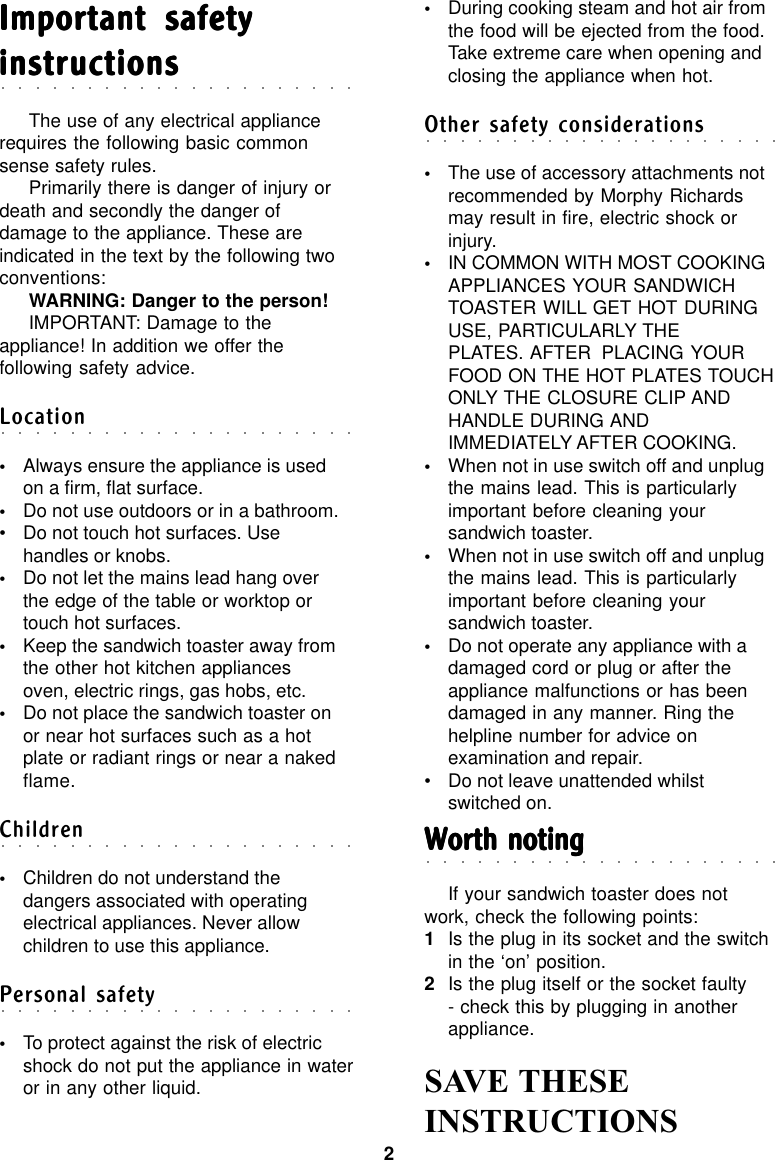 Morphy Richards 2 Slice Sandwich Toaster Users Manual