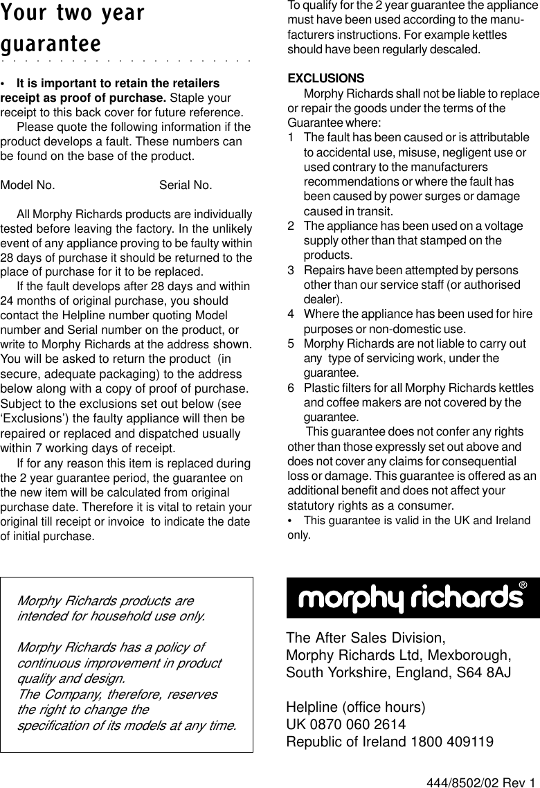 Morphy Richards 2 Slice Sandwich Toaster Users Manual