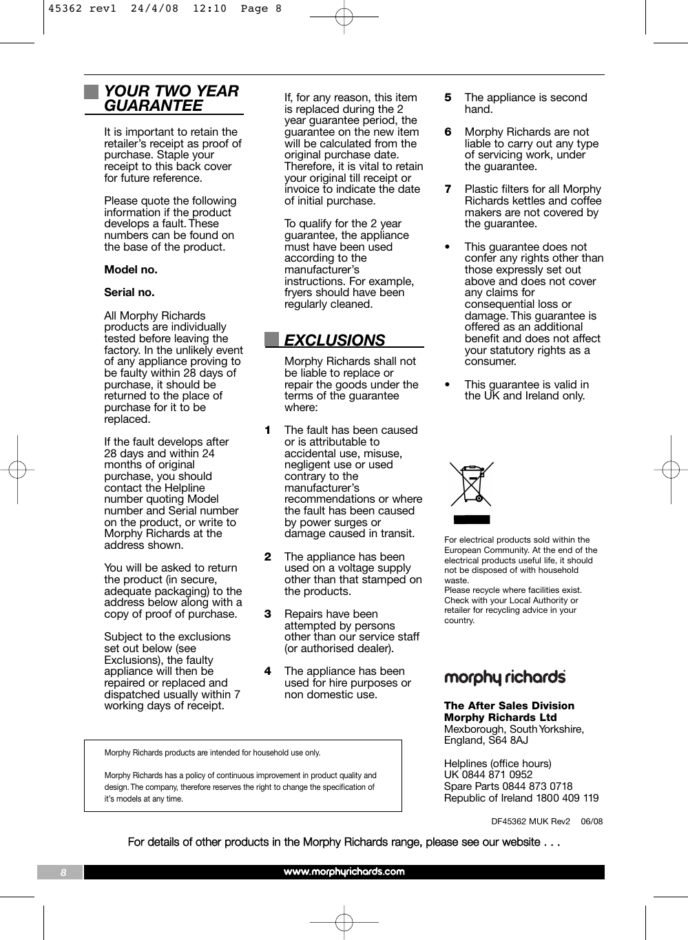 Page 8 of 8 - Morphy-Richards Morphy-Richards-45362-Users-Manual-  Morphy-richards-45362-users-manual