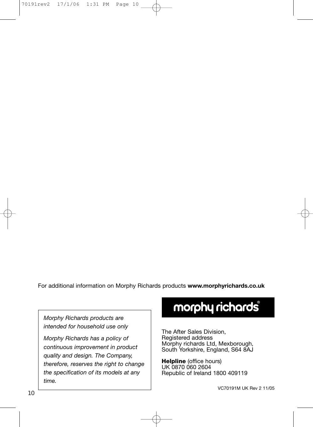 Page 10 of 10 - Morphy-Richards Morphy-Richards-Bulldog-Cylinder-70191Rev2-Users-Manual- 70191rev2  Morphy-richards-bulldog-cylinder-70191rev2-users-manual