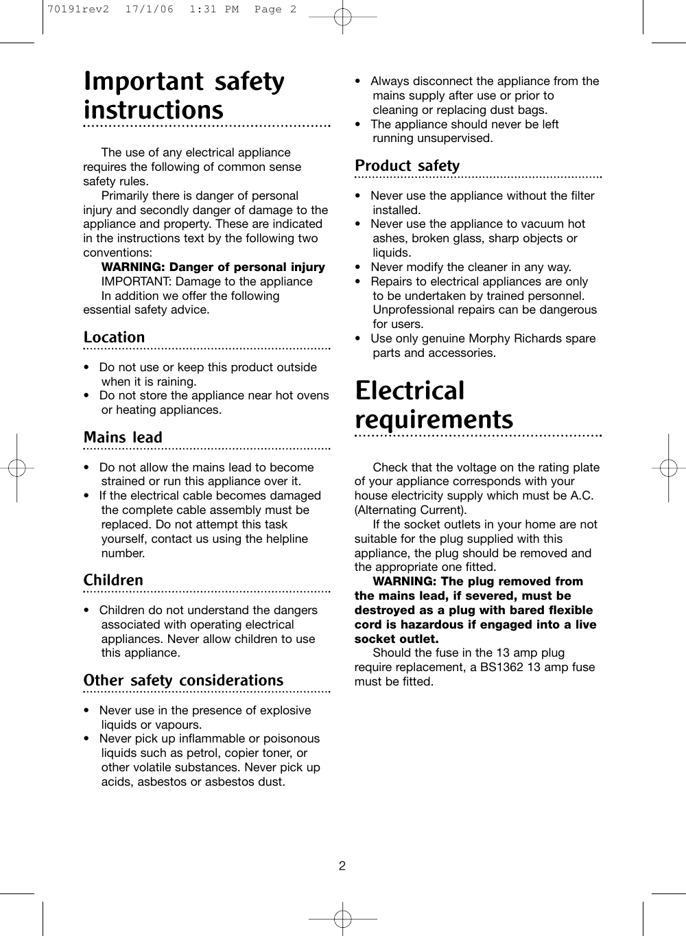 Page 2 of 10 - Morphy-Richards Morphy-Richards-Bulldog-Cylinder-70191Rev2-Users-Manual- 70191rev2  Morphy-richards-bulldog-cylinder-70191rev2-users-manual