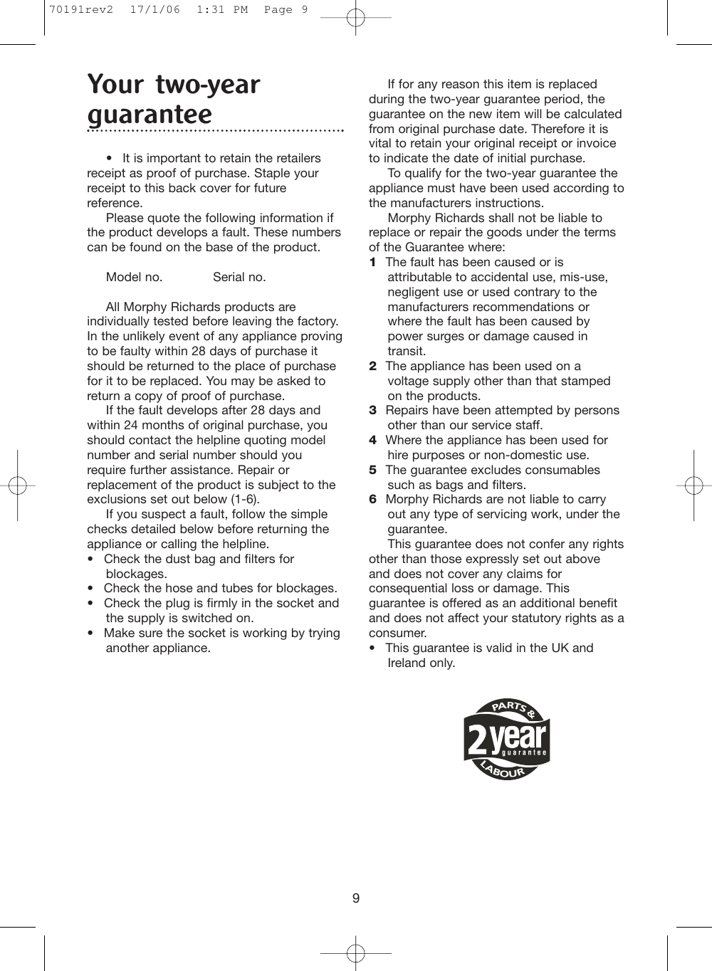 Page 9 of 10 - Morphy-Richards Morphy-Richards-Bulldog-Cylinder-70191Rev2-Users-Manual- 70191rev2  Morphy-richards-bulldog-cylinder-70191rev2-users-manual