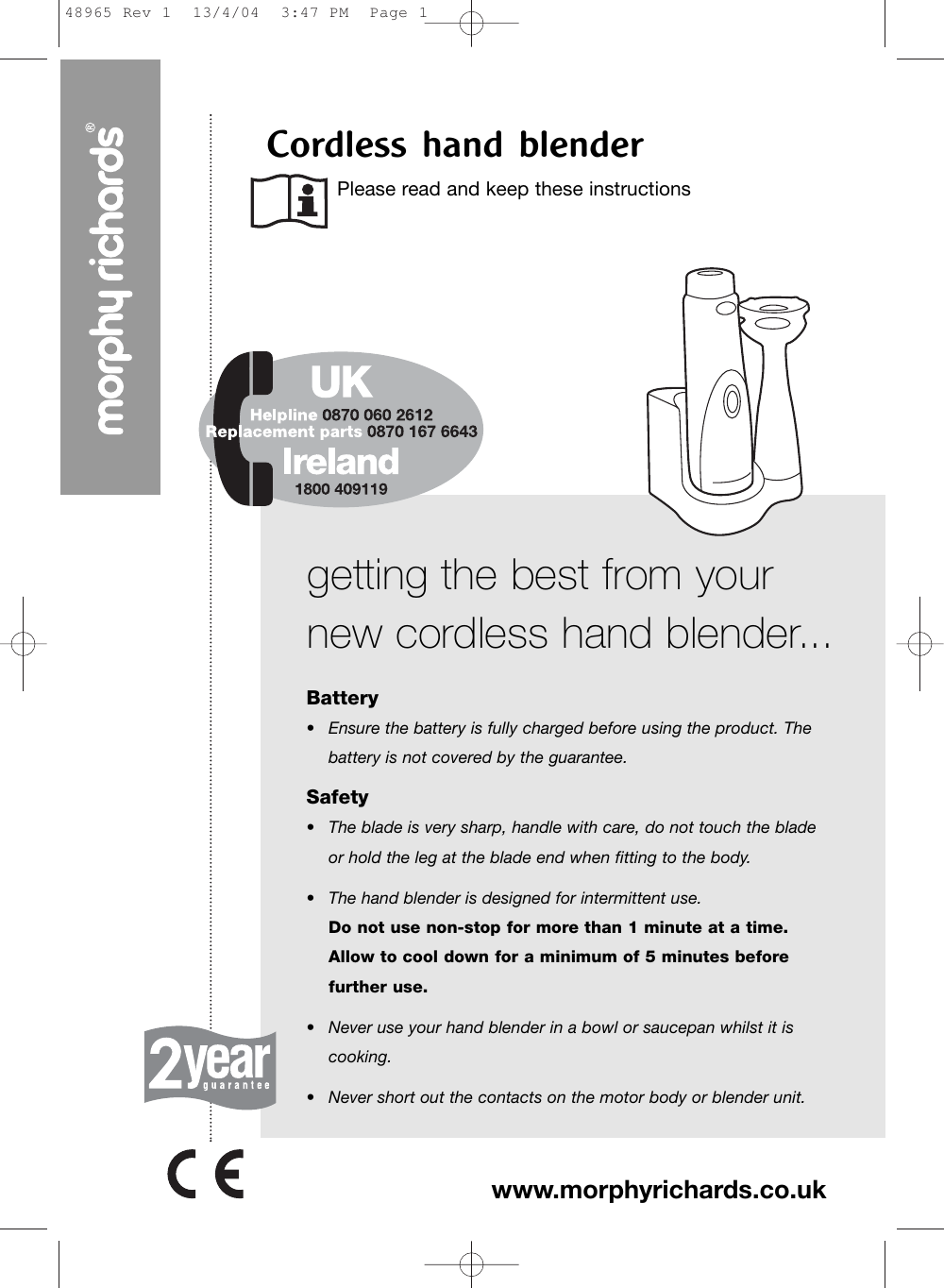 Page 1 of 12 - Morphy-Richards Morphy-Richards-Cordless-Hand-Blender-Users-Manual- 48965 Rev 1  Morphy-richards-cordless-hand-blender-users-manual