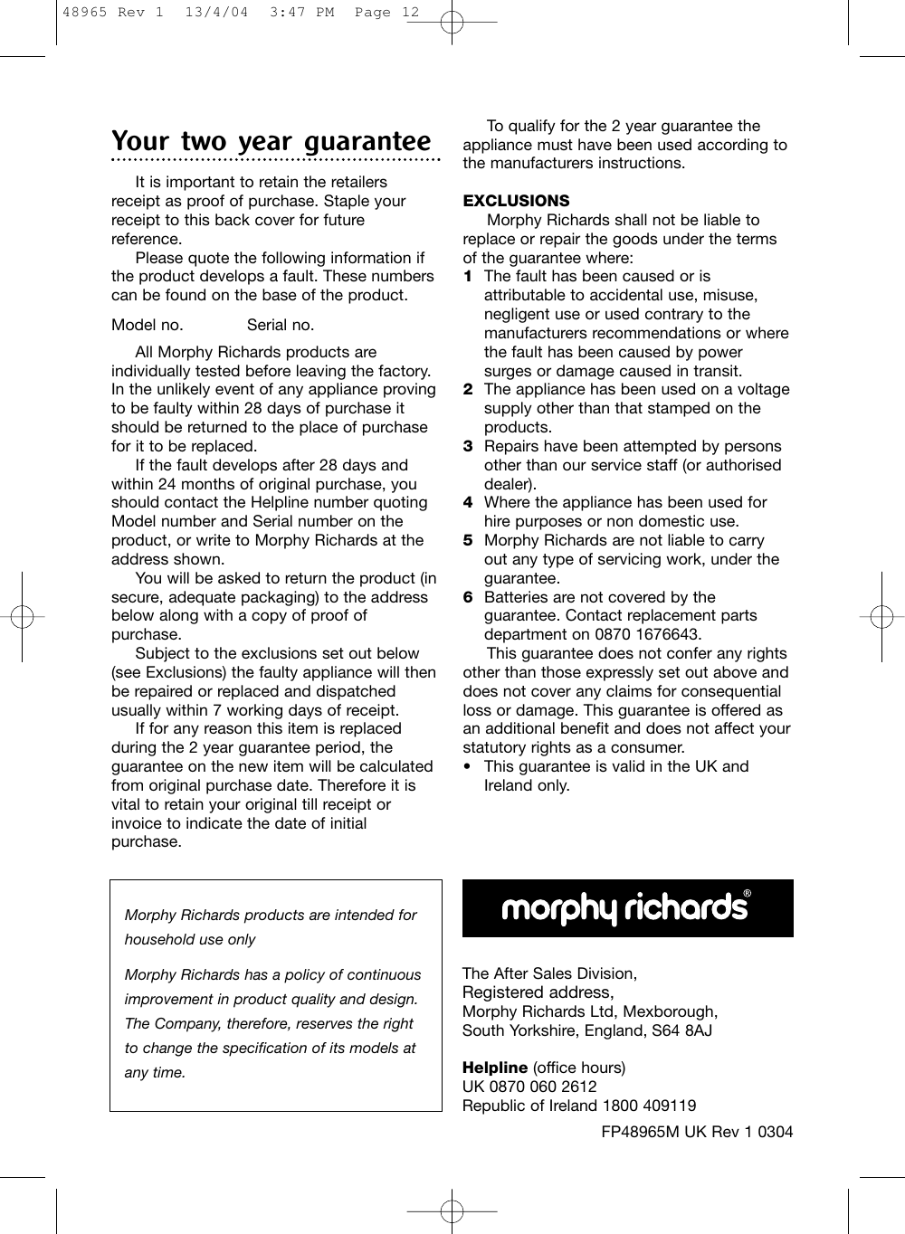Page 12 of 12 - Morphy-Richards Morphy-Richards-Cordless-Hand-Blender-Users-Manual- 48965 Rev 1  Morphy-richards-cordless-hand-blender-users-manual