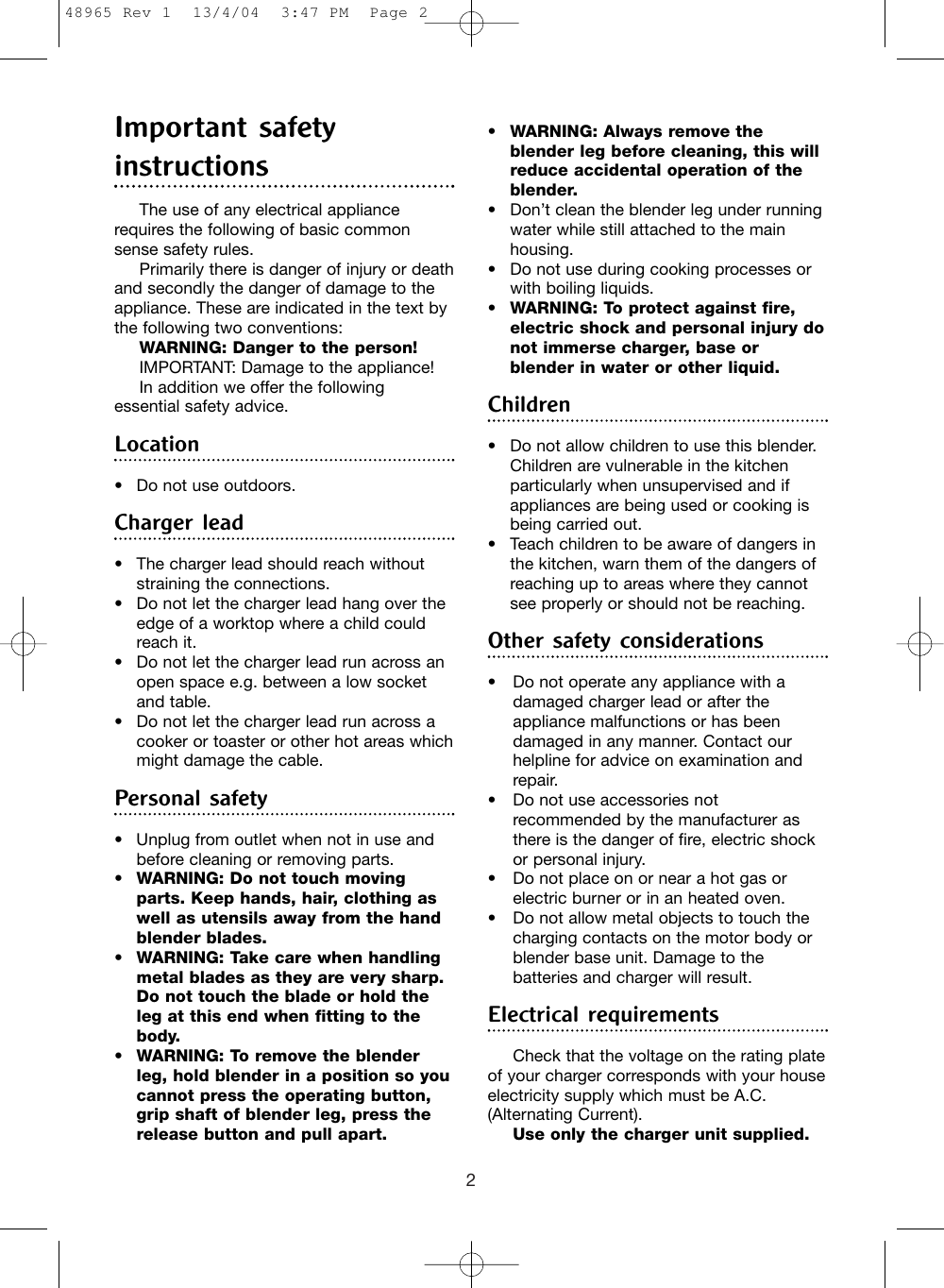 Page 2 of 12 - Morphy-Richards Morphy-Richards-Cordless-Hand-Blender-Users-Manual- 48965 Rev 1  Morphy-richards-cordless-hand-blender-users-manual