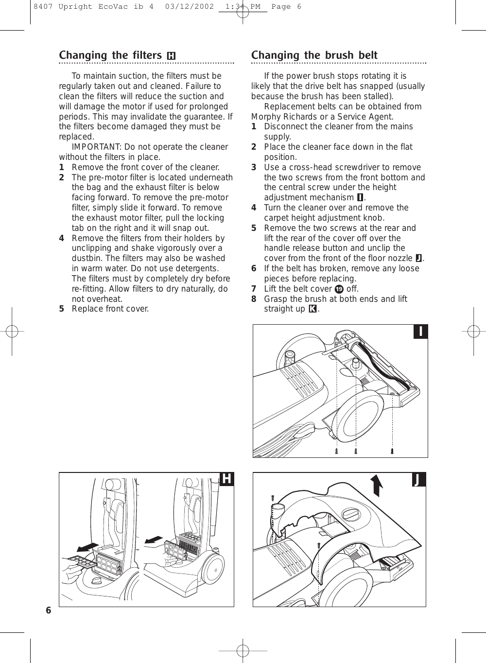 Morphy Richards Ecovac Vacuum Cleaner Users Manual 8407 Upright Ib 4