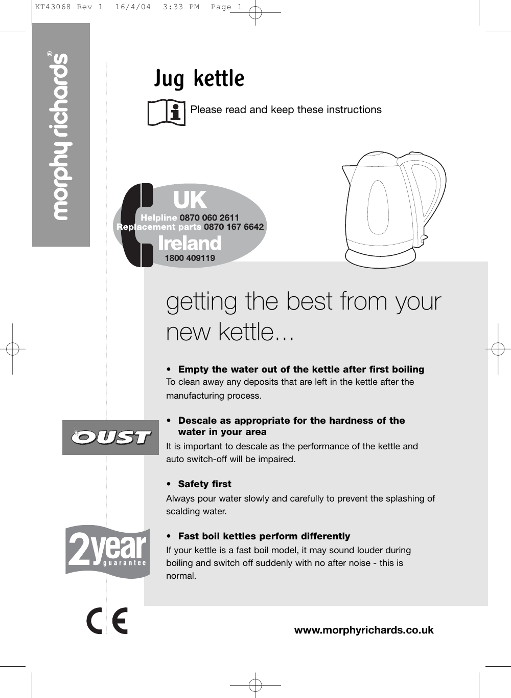 Morphy Richards Jug Kettle Users Manual KT43068 Rev 1