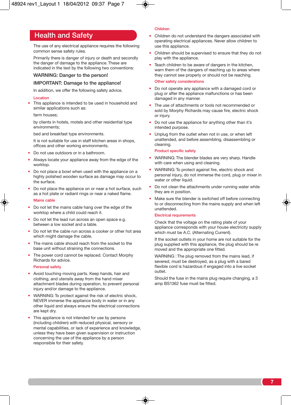 Page 7 of 8 - Morphy-Richards Morphy-Richards-Morphy-Richards-Blender-48924-Users-Manual- 48924 Rev1_  Morphy-richards-morphy-richards-blender-48924-users-manual