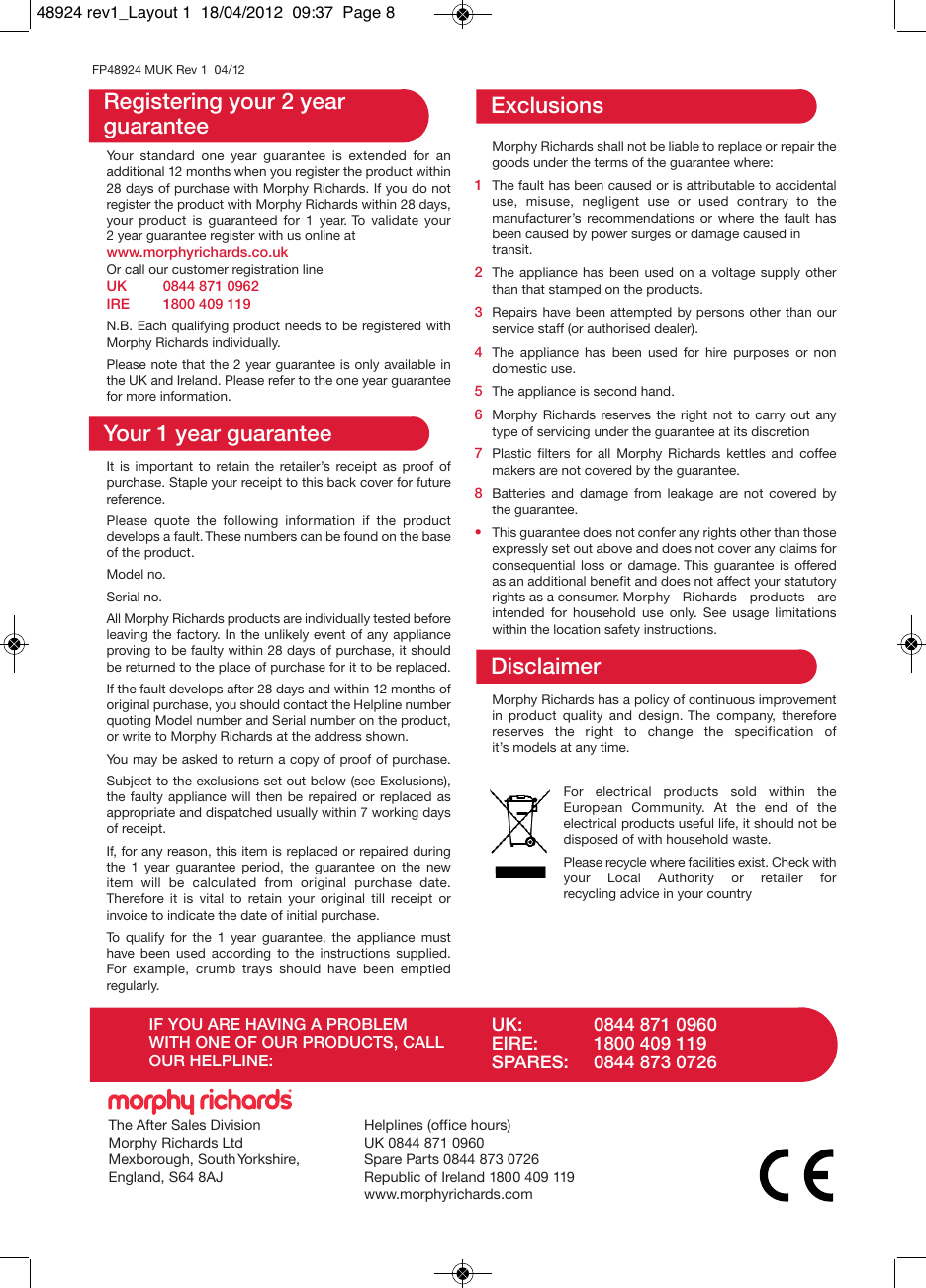 Page 8 of 8 - Morphy-Richards Morphy-Richards-Morphy-Richards-Blender-48924-Users-Manual- 48924 Rev1_  Morphy-richards-morphy-richards-blender-48924-users-manual