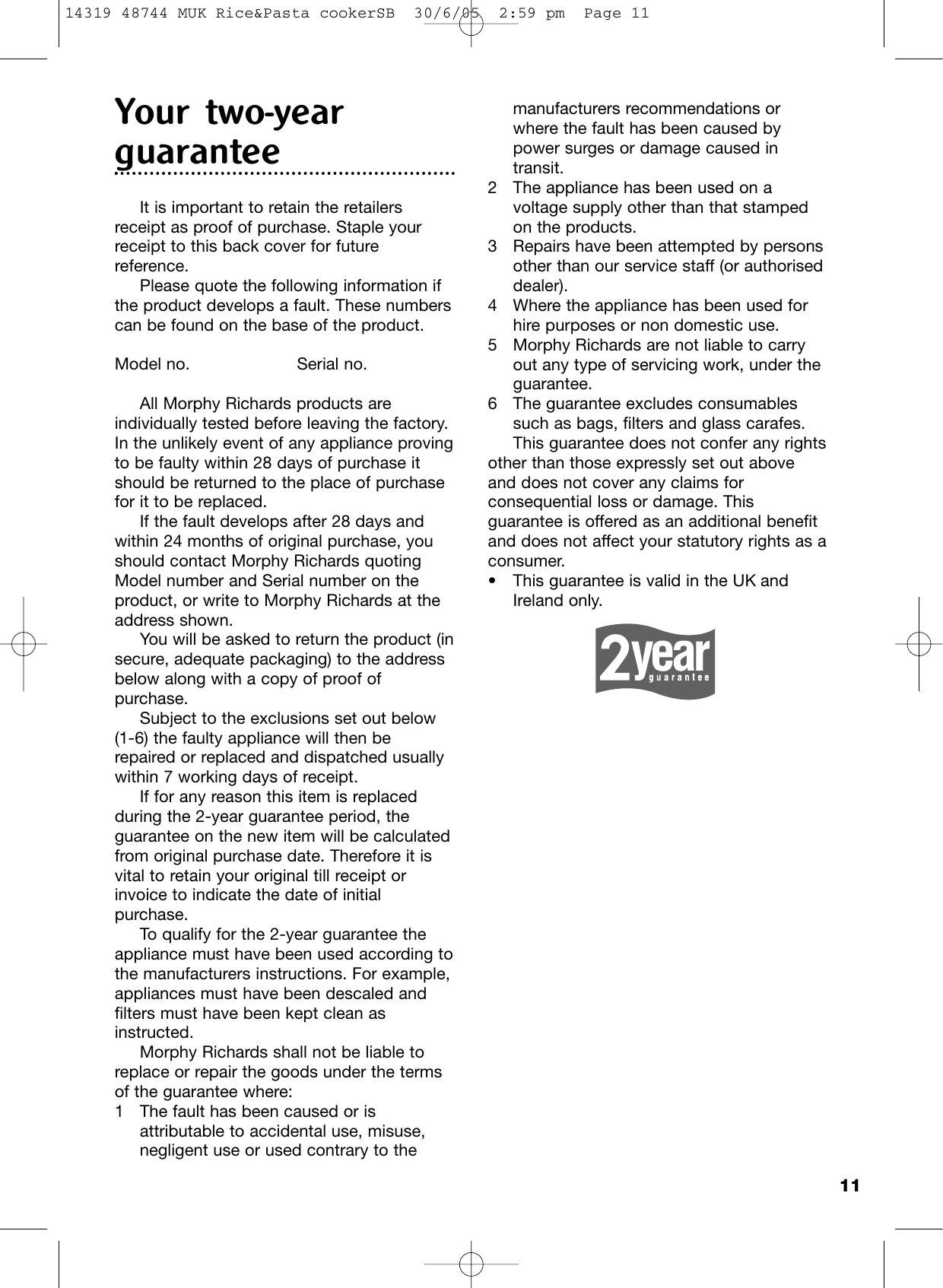 Morphy Richards Rice And Pasta Cooker Users Manual