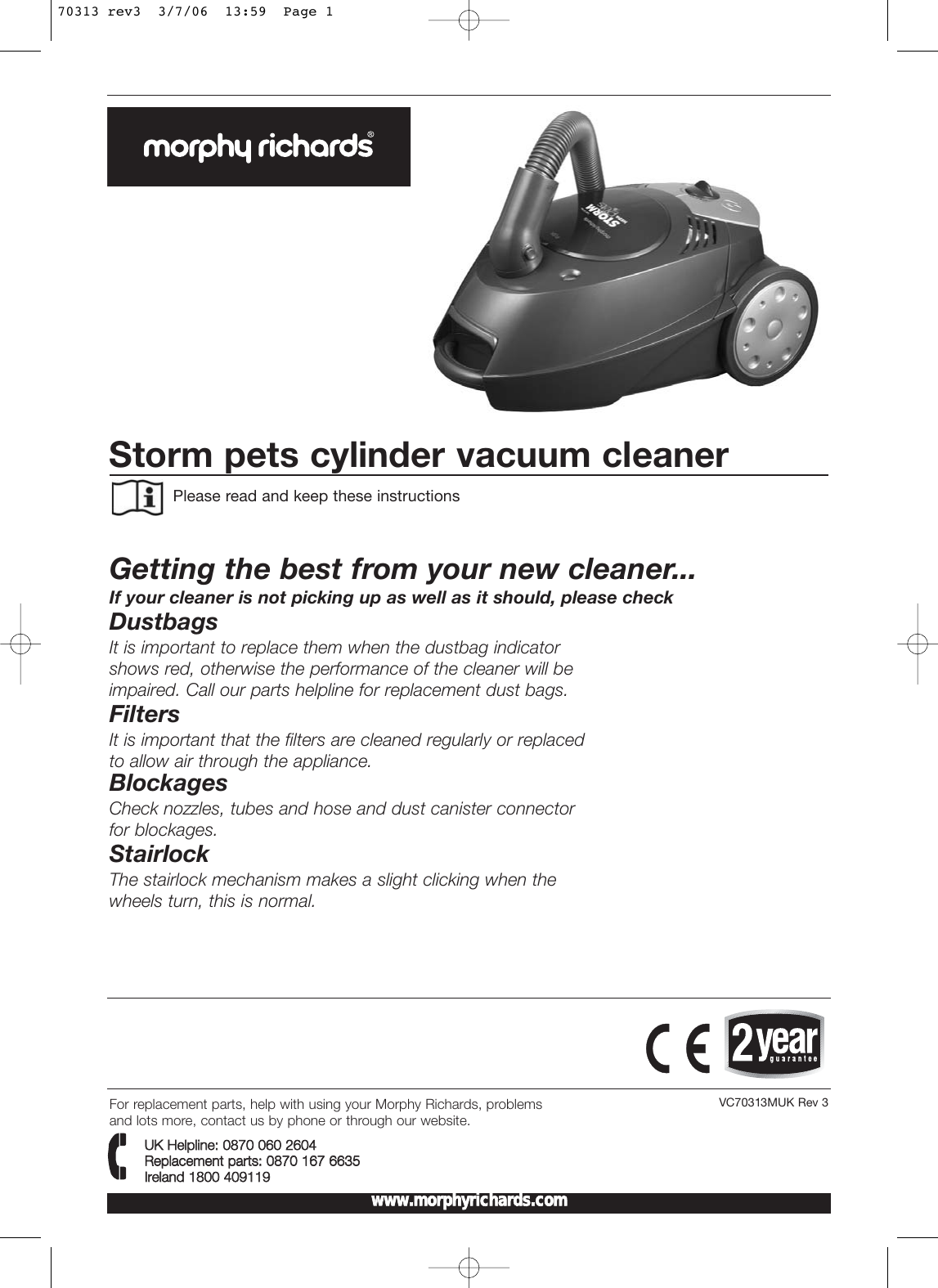 Morphy Richards Storm Pets Cylinder Vacuum Cleaner Users Manual 70313 Rev3