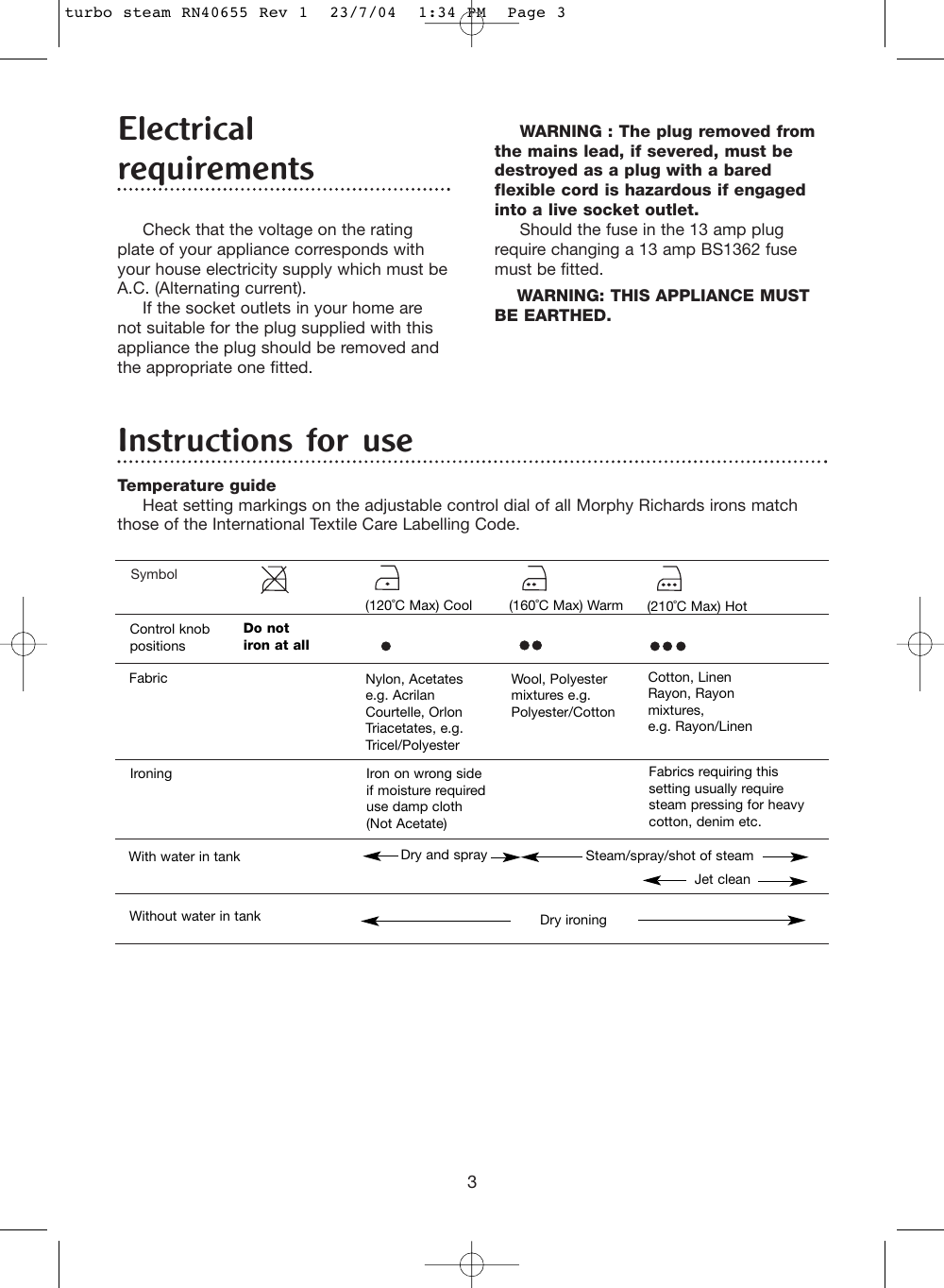 Page 3 of 8 - Morphy-Richards Morphy-Richards-Turbo-Steam-Iron-Users-Manual- Turbo Steam RN40655 Rev 1  Morphy-richards-turbo-steam-iron-users-manual