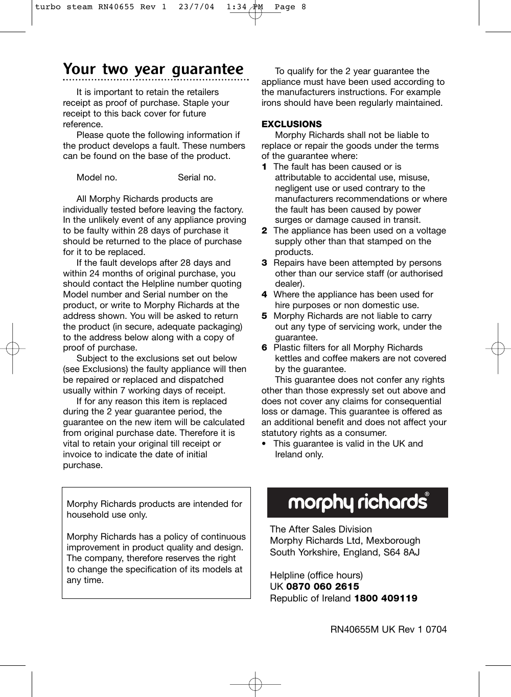 Page 8 of 8 - Morphy-Richards Morphy-Richards-Turbo-Steam-Iron-Users-Manual- Turbo Steam RN40655 Rev 1  Morphy-richards-turbo-steam-iron-users-manual