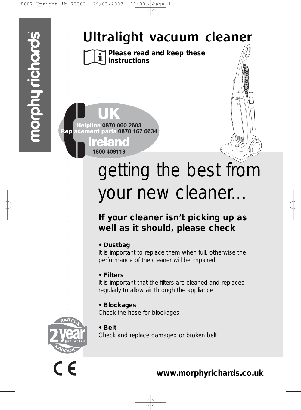 Morphy Richards Ultralight Vacuum Cleaner Users Manual 8607 Upright Ib ...