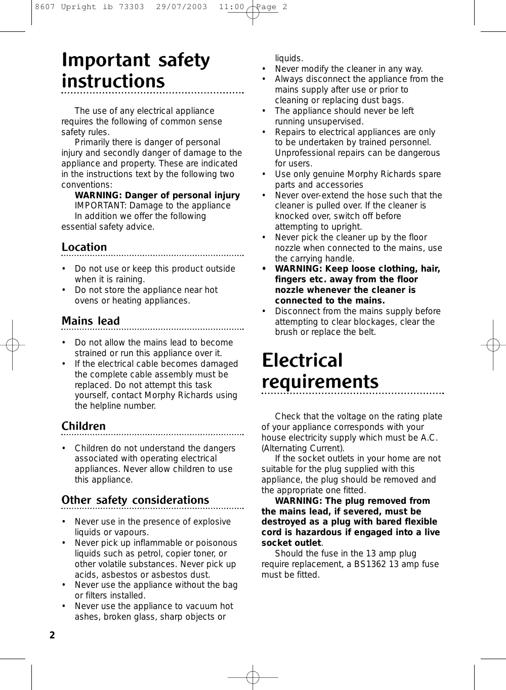 Page 2 of 8 - Morphy-Richards Morphy-Richards-Ultralight-Vacuum-Cleaner-Users-Manual- 8607 Upright Ib 73303  Morphy-richards-ultralight-vacuum-cleaner-users-manual