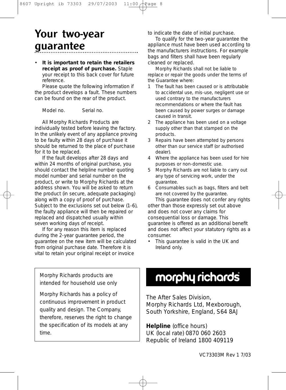 Morphy Richards Ultralight Vacuum Cleaner Users Manual 8607 Upright Ib ...