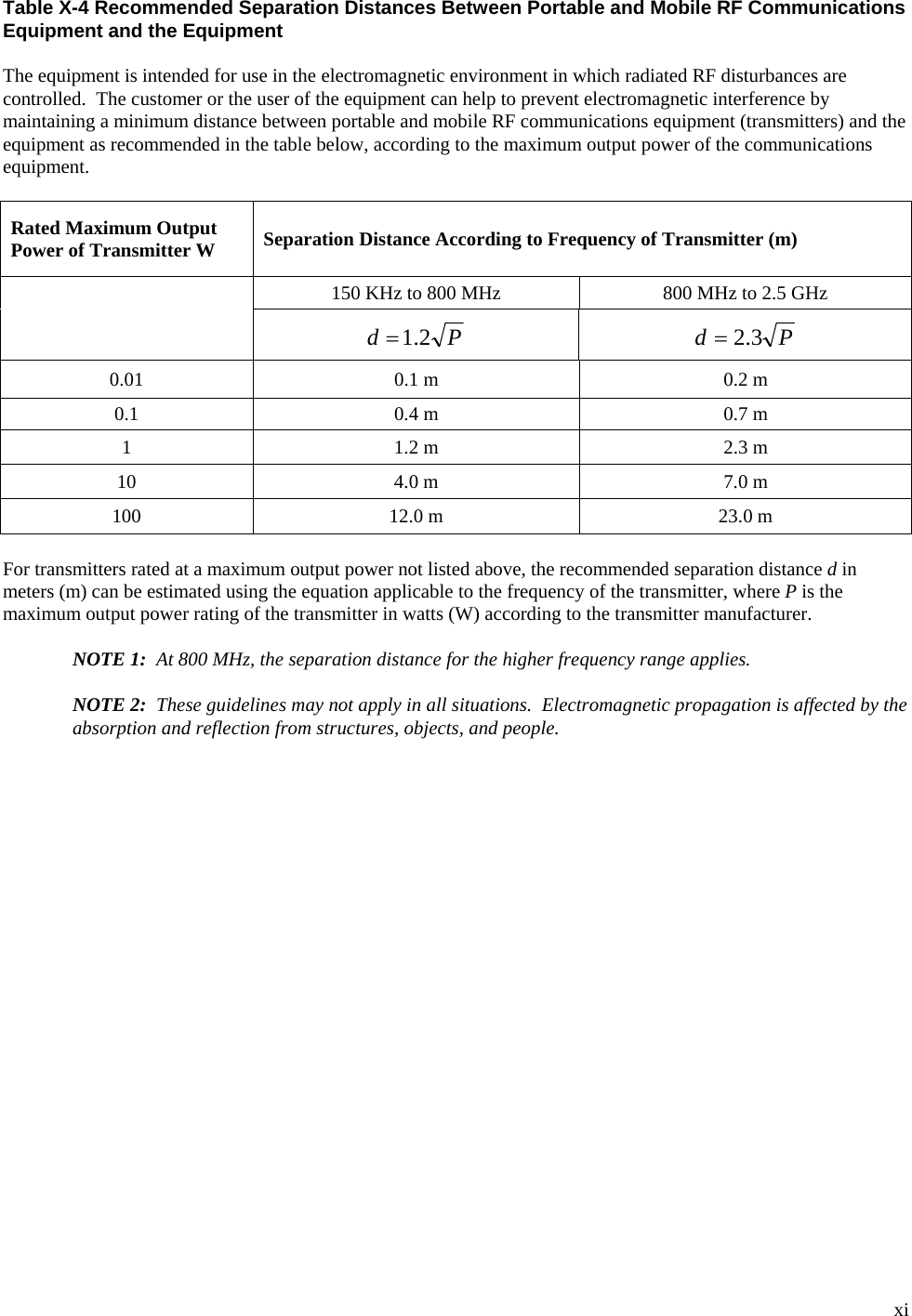  xi Table X-4 Recommended Separation Distances Between Portable and Mobile RF Communications Equipment and the Equipment  The equipment is intended for use in the electromagnetic environment in which radiated RF disturbances are controlled.  The customer or the user of the equipment can help to prevent electromagnetic interference by maintaining a minimum distance between portable and mobile RF communications equipment (transmitters) and the equipment as recommended in the table below, according to the maximum output power of the communications equipment.  Rated Maximum Output Power of Transmitter W Separation Distance According to Frequency of Transmitter (m)  150 KHz to 800 MHz  800 MHz to 2.5 GHz  Pd 2.1= Pd 3.2= 0.01  0.1 m  0.2 m 0.1  0.4 m  0.7 m 1  1.2 m  2.3 m 10  4.0 m  7.0 m 100  12.0 m  23.0 m  For transmitters rated at a maximum output power not listed above, the recommended separation distance d in meters (m) can be estimated using the equation applicable to the frequency of the transmitter, where P is the maximum output power rating of the transmitter in watts (W) according to the transmitter manufacturer.  NOTE 1:  At 800 MHz, the separation distance for the higher frequency range applies.  NOTE 2:  These guidelines may not apply in all situations.  Electromagnetic propagation is affected by the absorption and reflection from structures, objects, and people.    