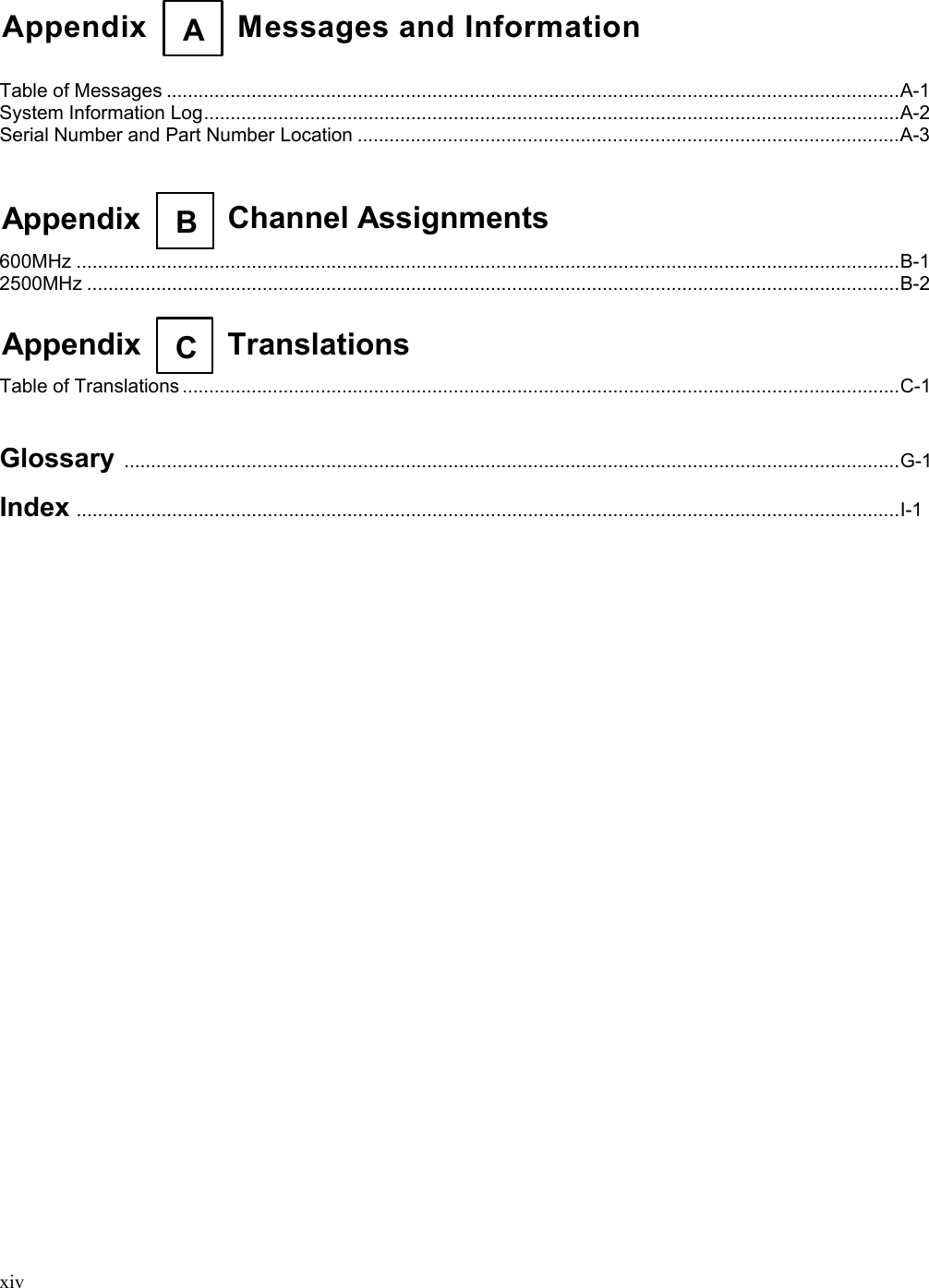  xiv    Appendix   Messages and InformationA    Table of Messages ..........................................................................................................................................A-1 System Information Log...................................................................................................................................A-2 Serial Number and Part Number Location ......................................................................................................A-3    Appendix  Channel Assignments B   600MHz ...........................................................................................................................................................B-1 2500MHz .........................................................................................................................................................B-2   Appendix   Translations C   Table of Translations .......................................................................................................................................C-1   Glossary ..................................................................................................................................................G-1  Index ...........................................................................................................................................................I-1                               