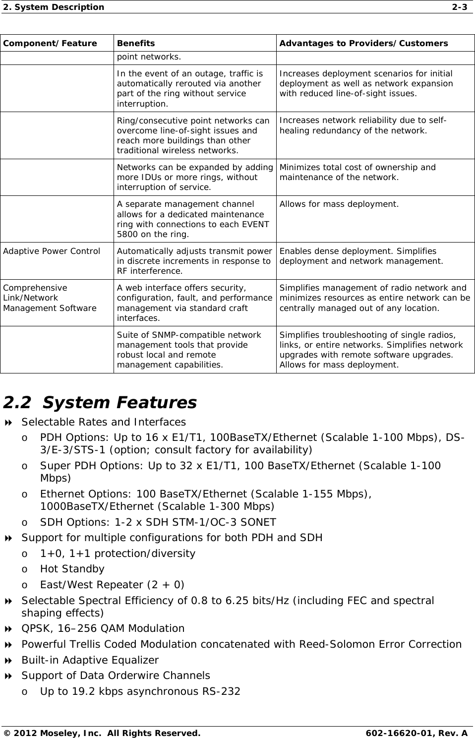 2. System Description  2-3 © 2012 Moseley, Inc.  All Rights Reserved.  602-16620-01, Rev. A Component/Feature Benefits  Advantages to Providers/Customers point networks.   In the event of an outage, traffic is automatically rerouted via another part of the ring without service interruption. Increases deployment scenarios for initial deployment as well as network expansion with reduced line-of-sight issues.   Ring/consecutive point networks can overcome line-of-sight issues and reach more buildings than other traditional wireless networks. Increases network reliability due to self-healing redundancy of the network.   Networks can be expanded by adding more IDUs or more rings, without interruption of service. Minimizes total cost of ownership and maintenance of the network.   A separate management channel allows for a dedicated maintenance ring with connections to each EVENT 5800 on the ring. Allows for mass deployment. Adaptive Power Control  Automatically adjusts transmit power in discrete increments in response to RF interference. Enables dense deployment. Simplifies deployment and network management. Comprehensive Link/Network Management Software A web interface offers security, configuration, fault, and performance management via standard craft interfaces. Simplifies management of radio network and minimizes resources as entire network can be centrally managed out of any location.   Suite of SNMP-compatible network management tools that provide robust local and remote management capabilities. Simplifies troubleshooting of single radios, links, or entire networks. Simplifies network upgrades with remote software upgrades. Allows for mass deployment. 2.2  System Features  Selectable Rates and Interfaces o PDH Options: Up to 16 x E1/T1, 100BaseTX/Ethernet (Scalable 1-100 Mbps), DS-3/E-3/STS-1 (option; consult factory for availability) o Super PDH Options: Up to 32 x E1/T1, 100 BaseTX/Ethernet (Scalable 1-100 Mbps) o Ethernet Options: 100 BaseTX/Ethernet (Scalable 1-155 Mbps), 1000BaseTX/Ethernet (Scalable 1-300 Mbps)  o SDH Options: 1-2 x SDH STM-1/OC-3 SONET  Support for multiple configurations for both PDH and SDH o 1+0, 1+1 protection/diversity o Hot Standby o East/West Repeater (2 + 0)  Selectable Spectral Efficiency of 0.8 to 6.25 bits/Hz (including FEC and spectral shaping effects)  QPSK, 16–256 QAM Modulation  Powerful Trellis Coded Modulation concatenated with Reed-Solomon Error Correction   Built-in Adaptive Equalizer  Support of Data Orderwire Channels o Up to 19.2 kbps asynchronous RS-232  