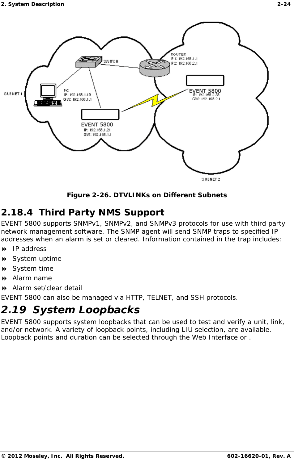 2. System Description  2-24 © 2012 Moseley, Inc.  All Rights Reserved.  602-16620-01, Rev. A  Figure 2-26. DTVLINKs on Different Subnets 2.18.4  Third Party NMS Support EVENT 5800 supports SNMPv1, SNMPv2, and SNMPv3 protocols for use with third party network management software. The SNMP agent will send SNMP traps to specified IP addresses when an alarm is set or cleared. Information contained in the trap includes:  IP address  System uptime  System time  Alarm name  Alarm set/clear detail EVENT 5800 can also be managed via HTTP, TELNET, and SSH protocols. 2.19  System Loopbacks EVENT 5800 supports system loopbacks that can be used to test and verify a unit, link, and/or network. A variety of loopback points, including LIU selection, are available. Loopback points and duration can be selected through the Web Interface or .  