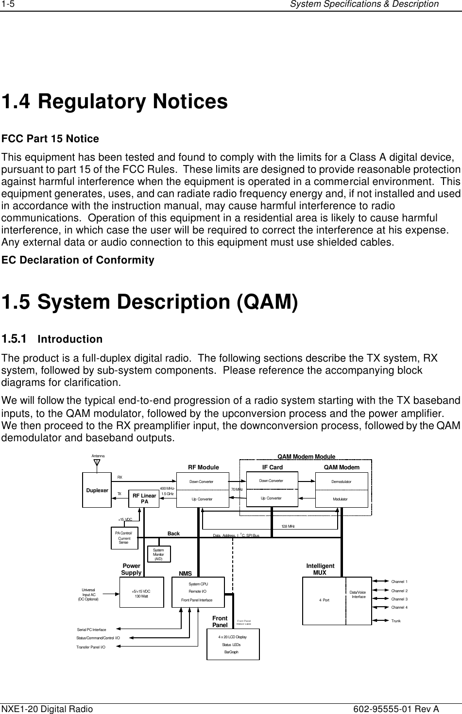 1-5    System Specifications &amp; Description  NXE1-20 Digital Radio    602-95555-01 Rev A   1.4 Regulatory Notices FCC Part 15 Notice This equipment has been tested and found to comply with the limits for a Class A digital device, pursuant to part 15 of the FCC Rules.  These limits are designed to provide reasonable protection against harmful interference when the equipment is operated in a commercial environment.  This equipment generates, uses, and can radiate radio frequency energy and, if not installed and used in accordance with the instruction manual, may cause harmful interference to radio communications.  Operation of this equipment in a residential area is likely to cause harmful interference, in which case the user will be required to correct the interference at his expense.  Any external data or audio connection to this equipment must use shielded cables. EC Declaration of Conformity 1.5 System Description (QAM) 1.5.1 Introduction The product is a full-duplex digital radio.  The following sections describe the TX system, RX system, followed by sub-system components.  Please reference the accompanying block diagrams for clarification. We will follow the typical end-to-end progression of a radio system starting with the TX baseband inputs, to the QAM modulator, followed by the upconversion process and the power amplifier.  We then proceed to the RX preamplifier input, the downconversion process, followed by the QAM demodulator and baseband outputs. RF LinearPABackPlaneAntenna12.8 MHzData, Address, I 2C, SPI BusDuplexerFront Panel Ribbon CableUniversalInput AC(DC Optional) SystemMonitor(A/D)RF ModuleDown ConverterUp ConverterIF CardDown ConverterUp Converter400 MHz-1.5 GHzTXRX70 MHzQAM ModemDemodulatorModulatorIntelligentMUX+5/+15 VDC130 WattPowerSupplyBarGraph4 x 20 LCD DisplayStatus LEDsFrontPanelSystem CPUNMSRemote I/OFront Panel InterfaceSerial PC InterfaceStatus/Command/Control I/O4 PortData/VoiceInterfaceChannel 1Channel 2Channel 3Channel 4TrunkTransfer Panel I/OQAM Modem Module+15 VDCPA Control/CurrentSense 