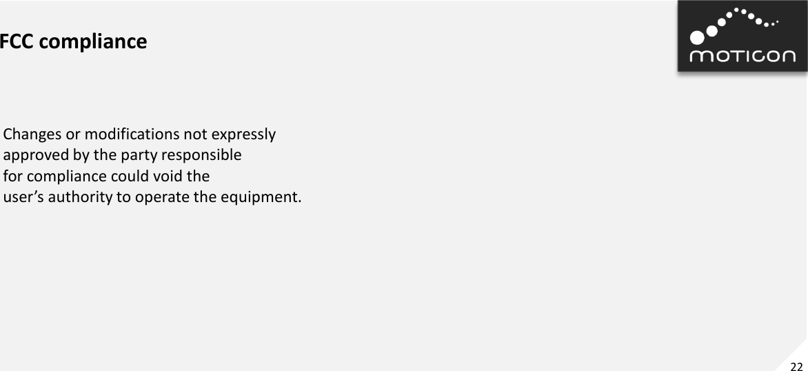 22 FCC compliance Changes or modifications not expressly approved by the party responsible for compliance could void the user’s authority to operate the equipment. 