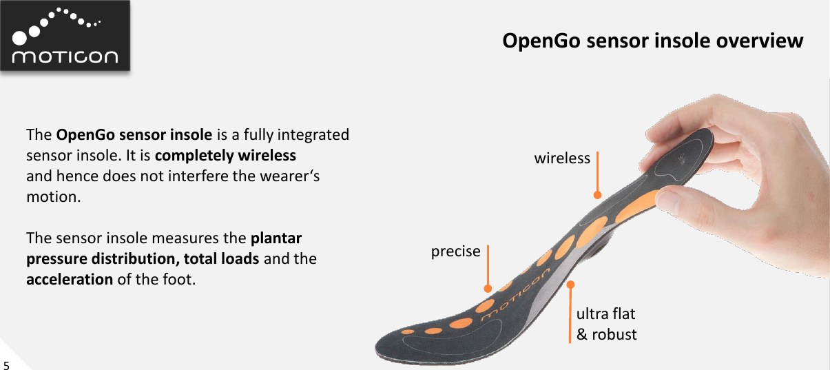5 ultra flat  &amp; robust wireless precise OpenGo sensor insole overview The OpenGo sensor insole is a fully integrated sensor insole. It is completely wireless  and hence does not interfere the wearer‘s  motion.  The sensor insole measures the plantar  pressure distribution, total loads and the  acceleration of the foot.  