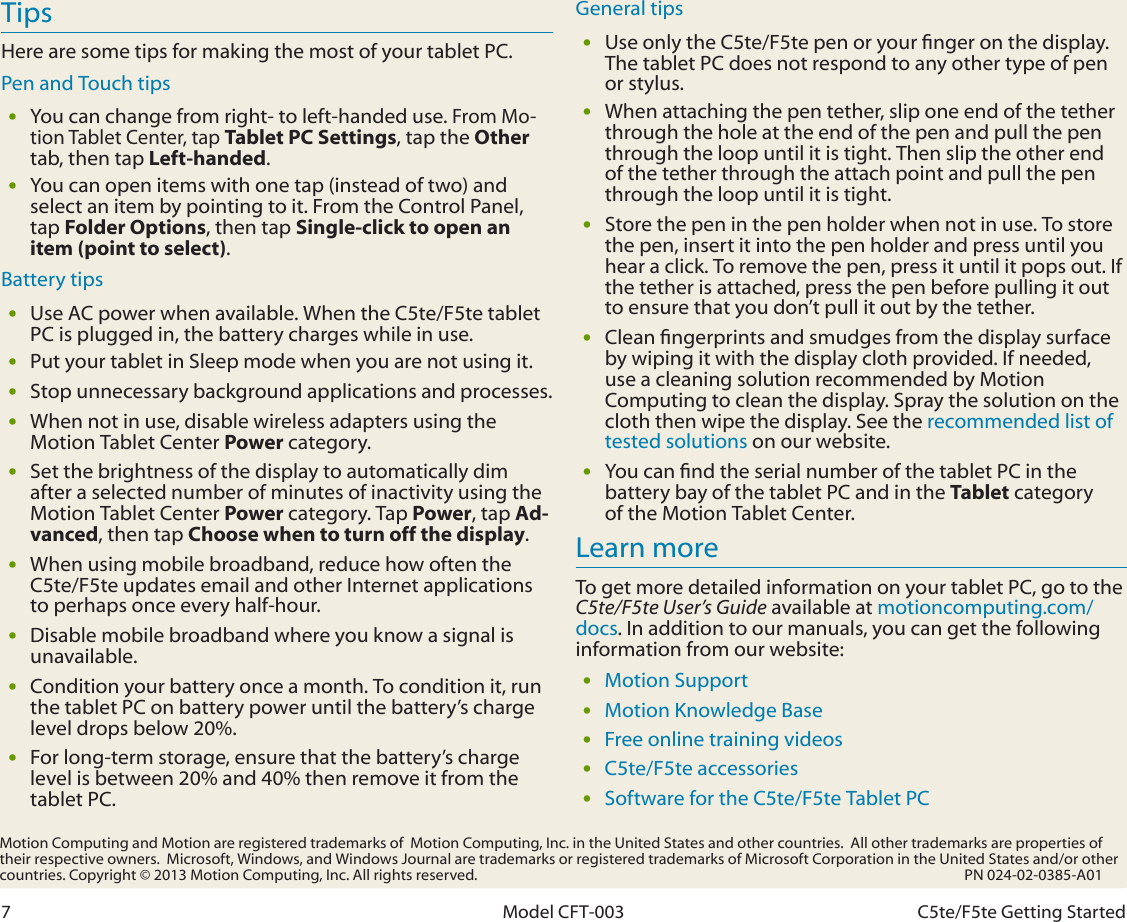 Page 7 of 7 - Motion-Computing Motion-Computing-C5Te-Windows-8-Getting-Started-Guide- Getting Started With The Motion® C5te/F5te Tablet PC  Motion-computing-c5te-windows-8-getting-started-guide