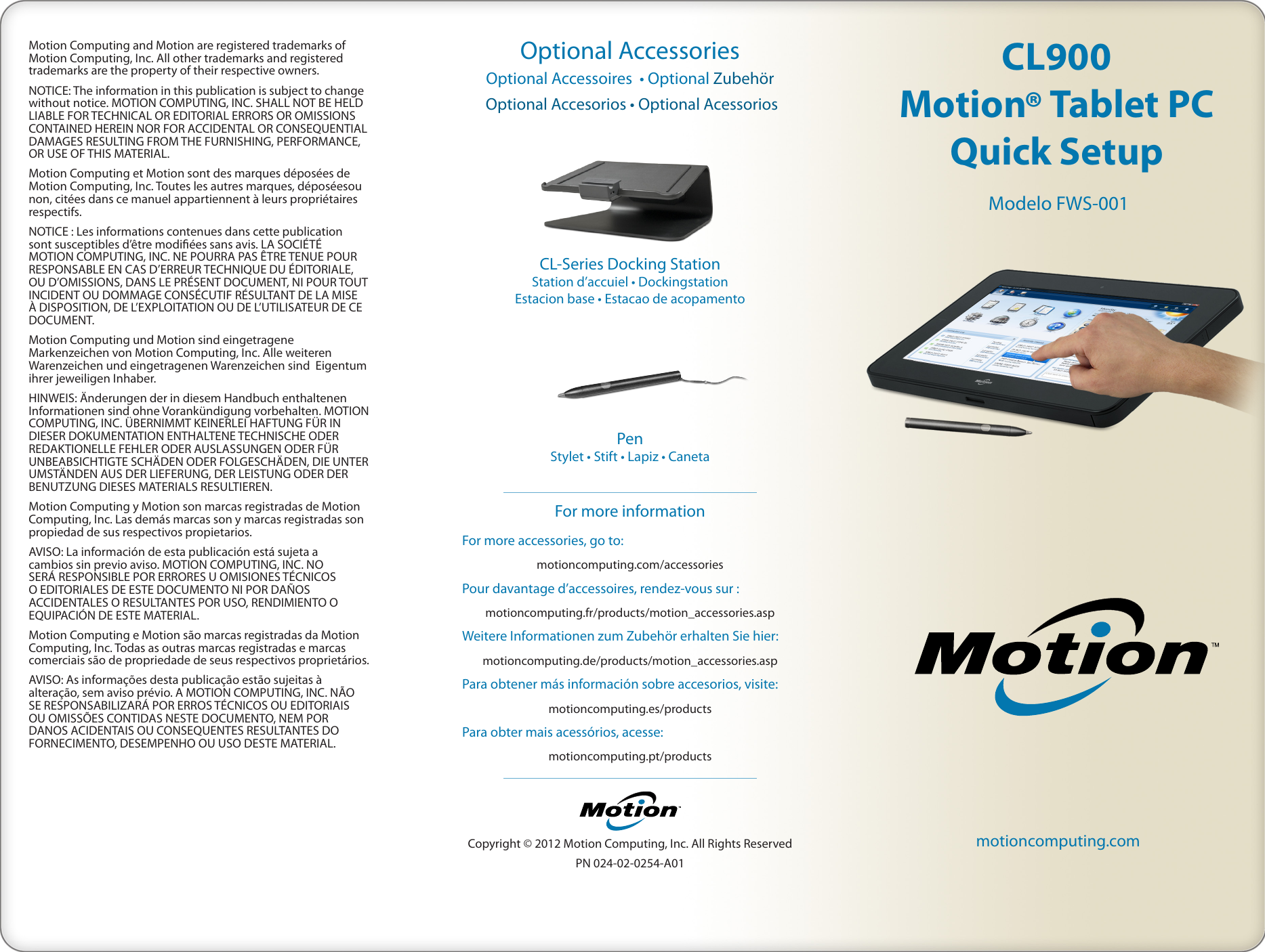 Page 1 of 2 - Motion-Computing Motion-Computing-Cl900-Quick-Setup-Guide- CL900 Motion® Tablet PC Quick Setup Guide Motion-computing-cl900-quick-setup-guide