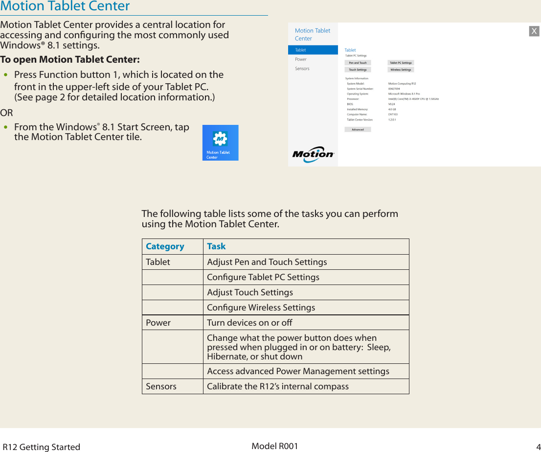 Page 4 of 7 - Motion-Computing Motion-Computing-R12-Windows-8-1-Getting-Started-Guide- Getting Started With The Motion® R12 Tablet PC  Motion-computing-r12-windows-8-1-getting-started-guide